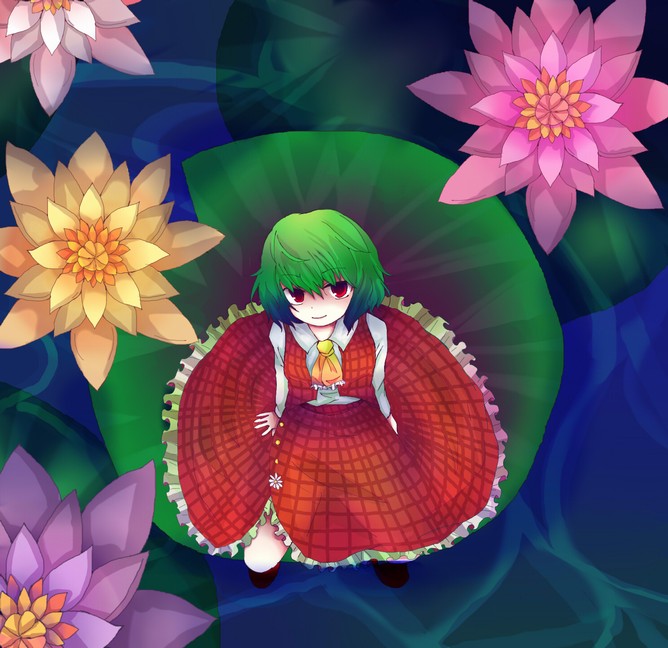kazu (artist), kazu (muchuukai), kazami yuuka, touhou, 1girl, ascot, daisy (flower), female focus, flower, from above, green hair, kneeling, lily pad, lotus, plaid clothes, plaid skirt, plaid vest, red eyes, short hair, sitting, skirt, skirt set, solo, vest
