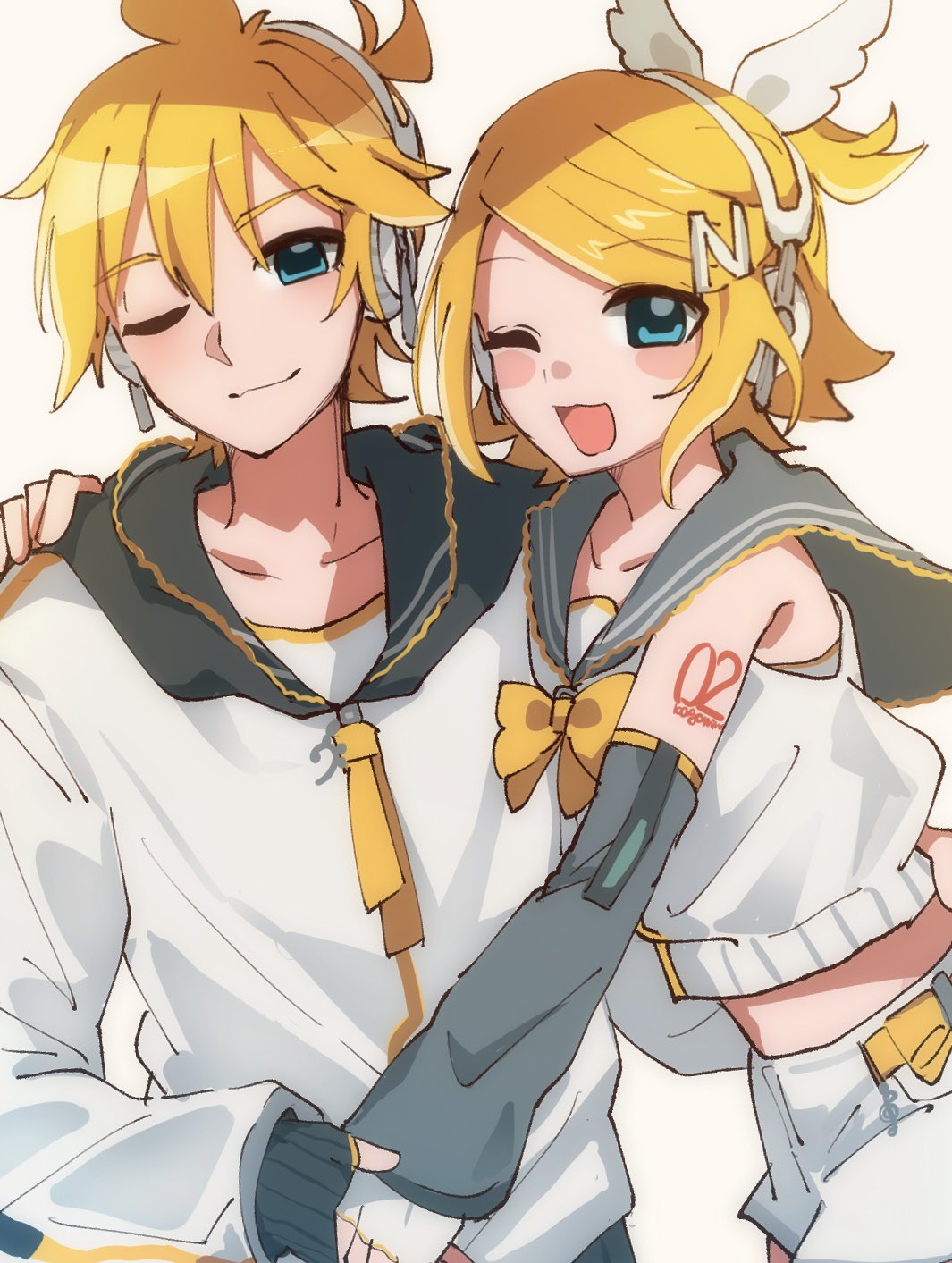beruna0612, kagamine len, kagamine rin, piapro studio, vocaloid, highres, 1boy, 1girl, arm warmers, bare shoulders, bass clef, black sailor collar, blonde hair, blue eyes, blush stickers, bow, bowtie, collarbone, crop top, detached sleeves, fortissimo, grey sailor collar, grey shorts, grey sleeves, hair bow, hair ornament, hairclip, hand on another's shoulder, headphones, holding hands, hood, jacket, kagamine len (nt), kagamine rin (nt), looking at viewer, midriff, neckerchief, necktie, one eye closed, open mouth, ponytail, sailor collar, shirt, short hair, short ponytail, short shorts, shorts, shoulder tattoo, sleeveless, sleeveless shirt, smile, spiked hair, swept bangs, tattoo, treble clef, upper body, white background, white bow, white shirt, white shorts, yellow bow, yellow bowtie, yellow nails, yellow neckerchief, yellow necktie