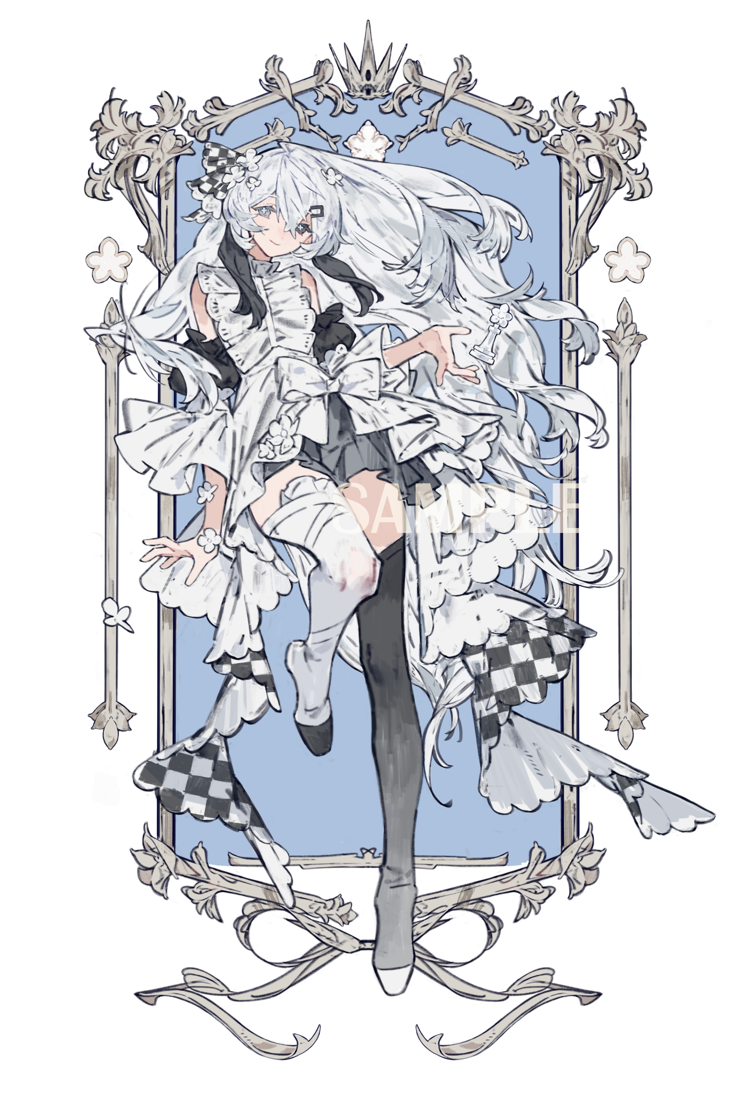 gougougougou, original, absurdres, commission, highres, 1girl, asymmetrical footwear, black boots, boots, bow, chess piece, closed mouth, cross-shaped pupils, dress, dress bow, full body, hair between eyes, hair ornament, hairclip, knee up, long hair, looking at viewer, mismatched footwear, multicolored boots, sample watermark, solo, symbol-shaped pupils, thigh boots, thighhighs, two-tone boots, two-tone dress, very long hair, watermark, white boots, white hair, zettai ryouiki