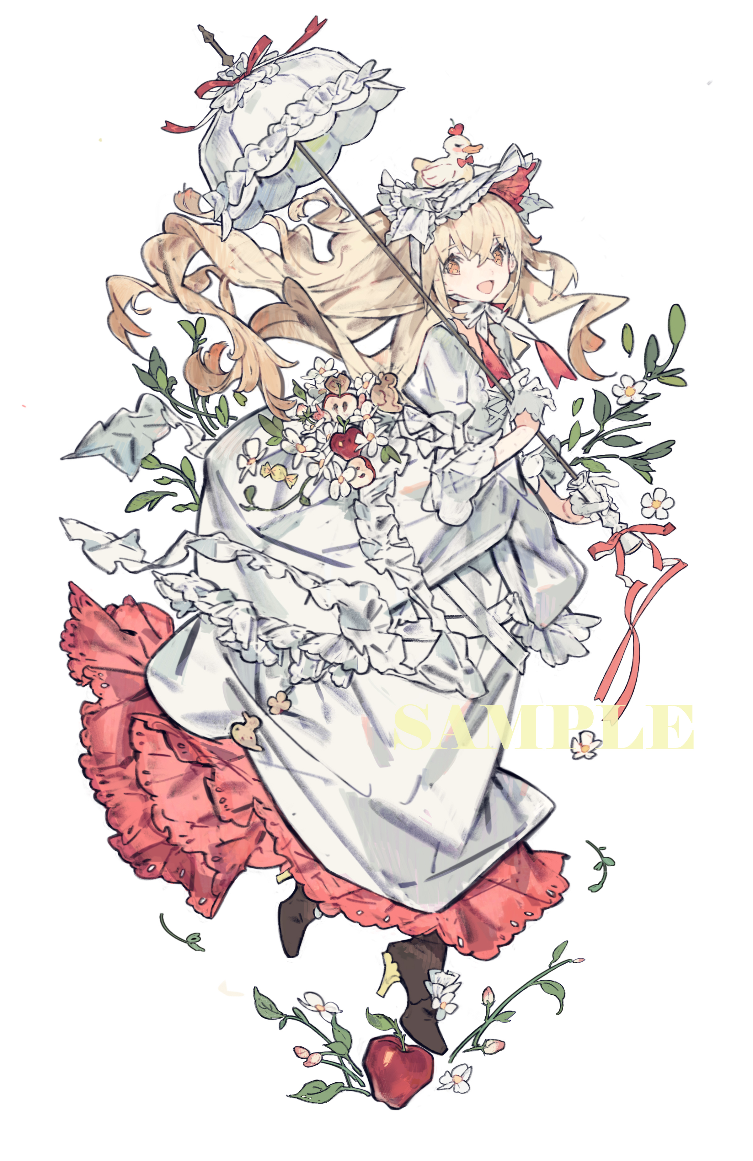 gougougougou, absurdres, copyright request, highres, 1girl, apple, apple slice, blonde hair, brown shoes, dress, flower, food, footwear flower, frilled dress, frills, fruit, full body, gloves, high heels, holding, holding umbrella, looking at viewer, open mouth, orange eyes, sample watermark, shoes, simple background, solo, umbrella, watermark, white background, white dress, white flower, white gloves, white umbrella