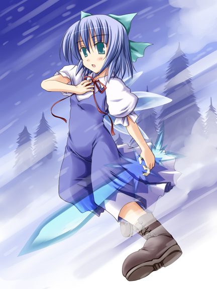 toshihiro, cirno, shoot the bullet, touhou, 1girl, bow, female focus, solo, sword, weapon