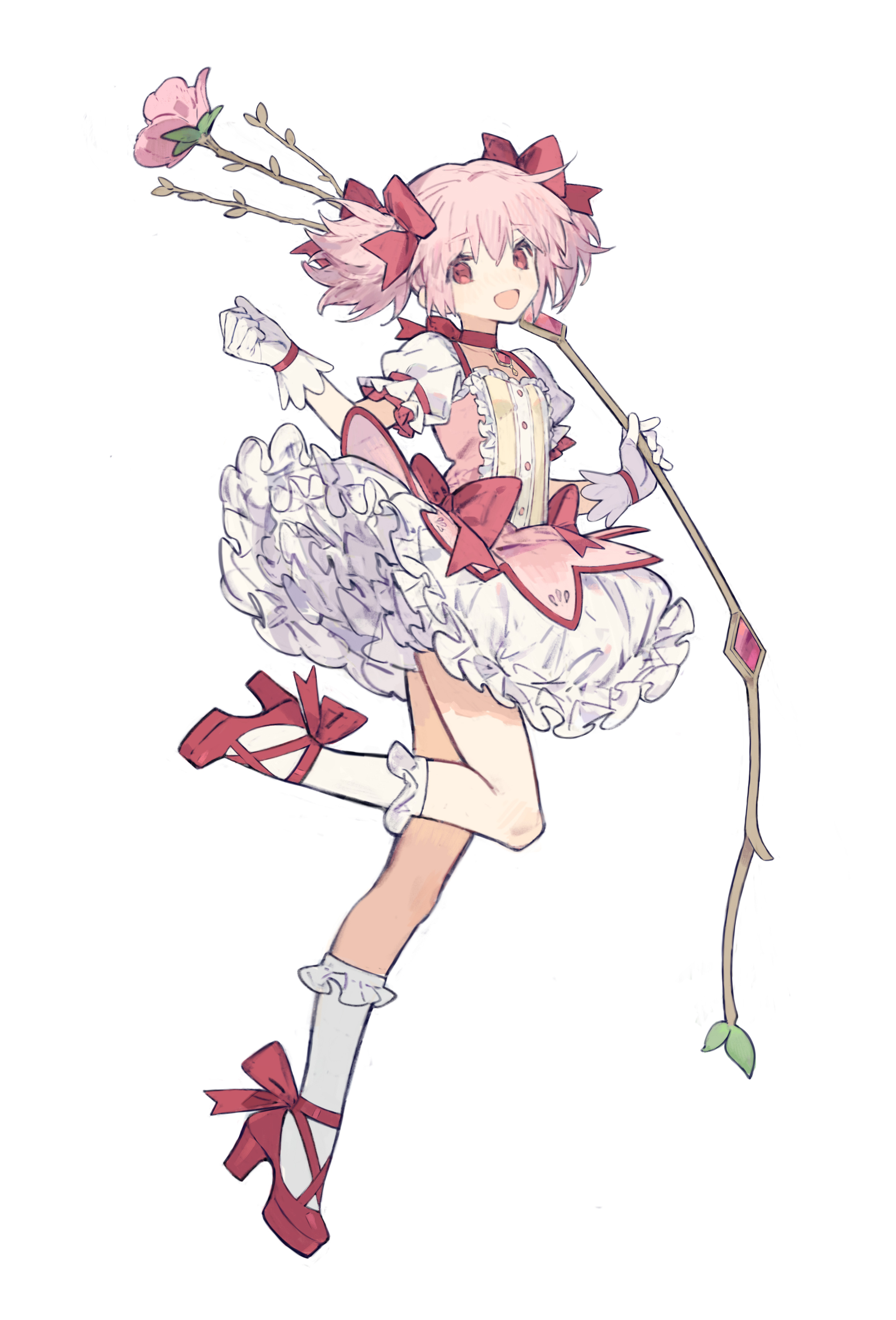 gougougougou, kaname madoka, kaname madoka (magical girl), mahou shoujo madoka magica, mahou shoujo madoka magica (anime), absurdres, highres, 1girl, :d, blush, bow, branch, bubble skirt, flower, frilled socks, frills, from side, full body, gloves, hair bow, high heels, holding, holding branch, holding flower, leg up, looking at viewer, magical girl, open mouth, pink flower, pink hair, puffy short sleeves, puffy sleeves, red bow, red eyes, red shoes, shoes, short hair, short sleeves, short twintails, simple background, skirt, smile, socks, solo, soul gem, twintails, white background, white gloves, white socks