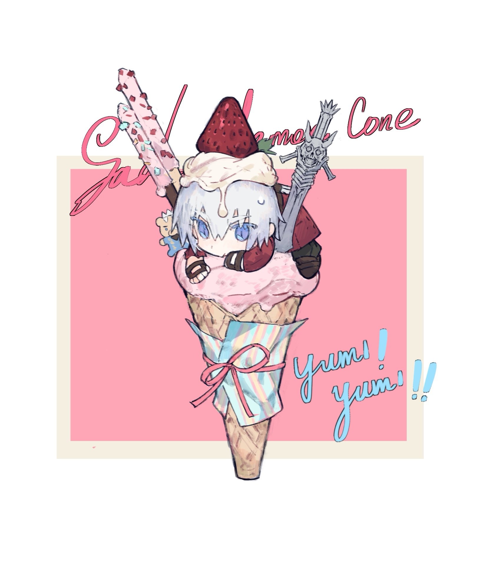 gougougougou, dante (devil may cry), rebellion (sword), devil may cry (series), highres, 1boy, blue eyes, chibi, chibi only, cream, fingerless gloves, food, fruit, gloves, ice cream, ice cream cone, jacket, lying, male focus, on stomach, pocky, red jacket, solo, sprinkles, strawberry, waffle cone, white hair