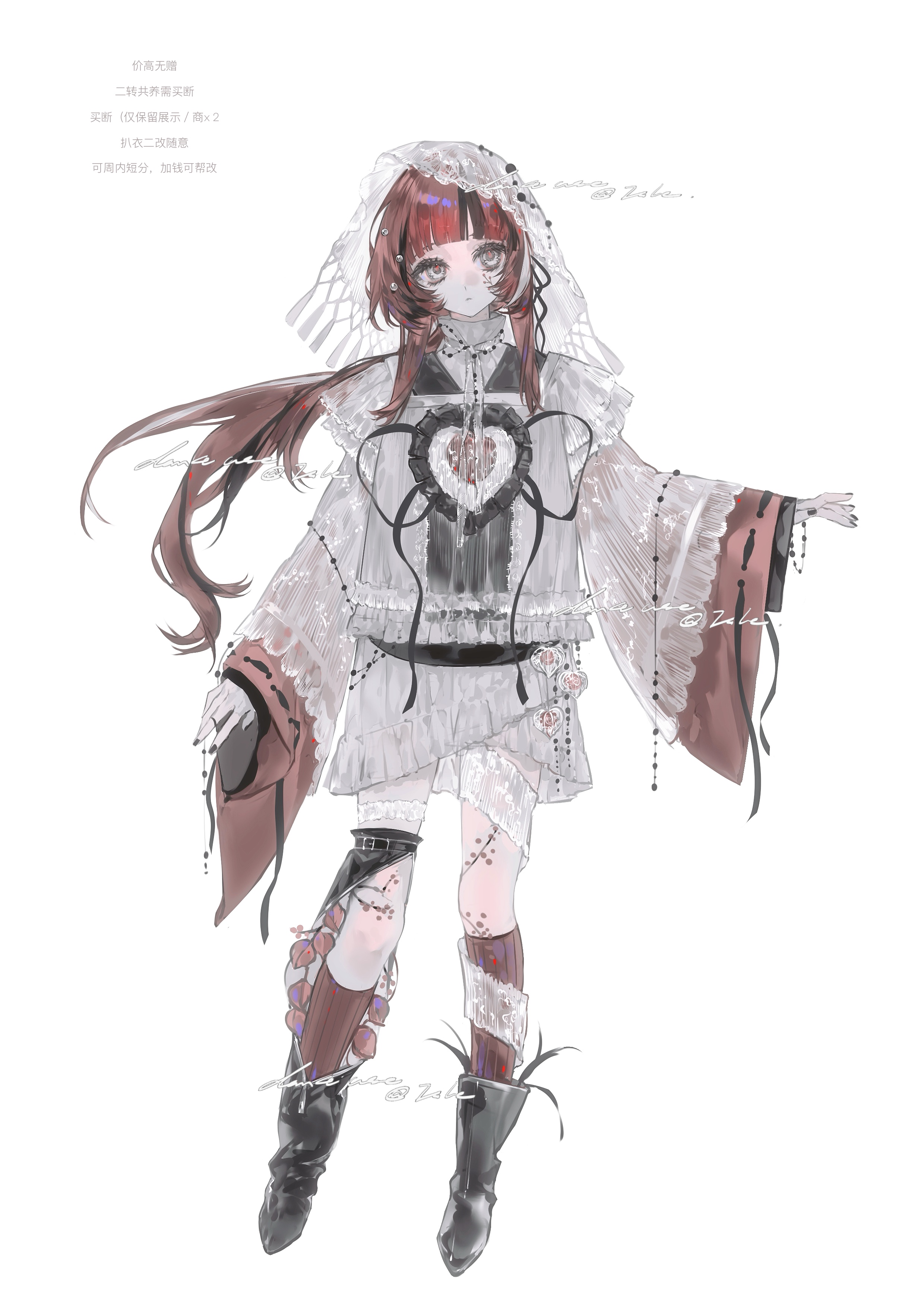 original, absurdres, highres, 1girl, black hair, black nails, blunt bangs, boots, dress, frills, hair ornament, hair ribbon, heilanshuimuchu, jewelry, long hair, long sleeves, looking at viewer, multicolored hair, necklace, red eyes, red hair, red socks, ribbon, see-through clothes, see-through sleeves, see-through veil, simple background, sleeves past wrists, socks, veil, white background, white veil, wide sleeves