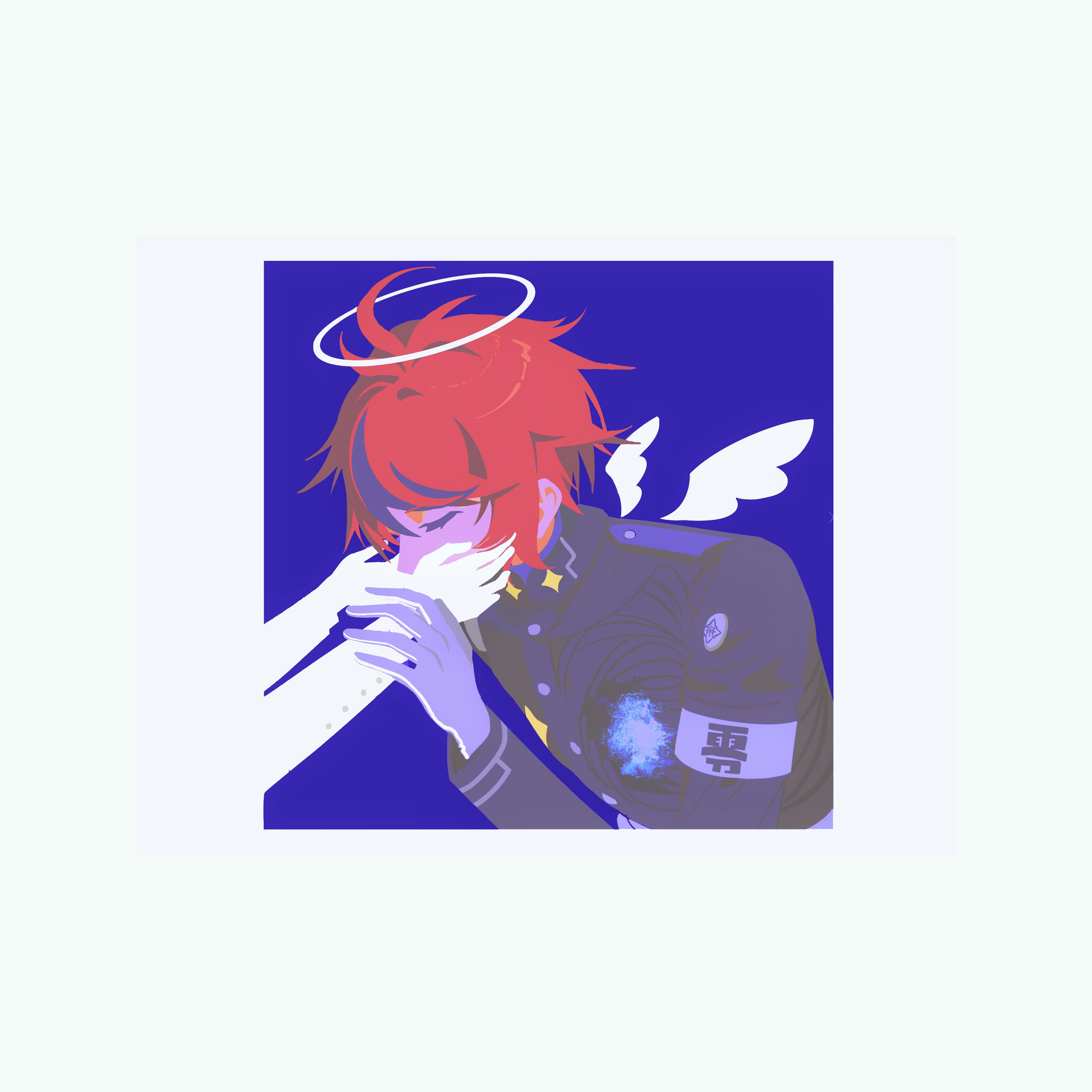 pabitelsafe3, sumino takumi, the hundred line -last defense academy-, absurdres, chinese commentary, commentary request, highres, 1boy, 1other, ahoge, angel, angel wings, armband, blue background, border, closed eyes, covered mouth, gakuran, gloves, halo, hole in chest, hole on body, last defense academy school uniform, male focus, mini wings, multicolored hair, red hair, school uniform, short hair, solo focus, streaked hair, white armband, white border, white gloves, wings