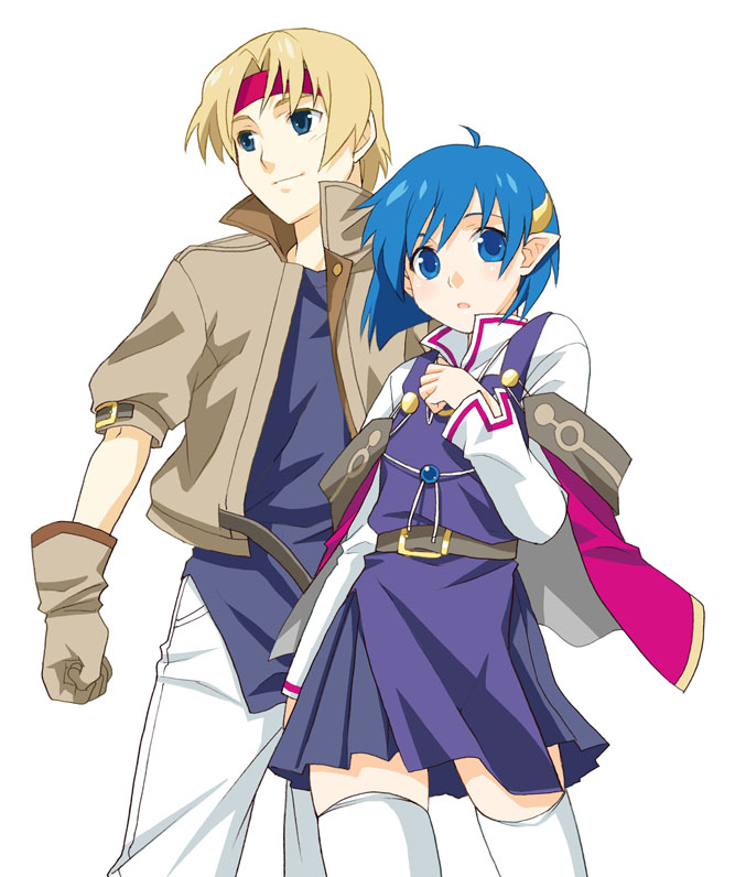 mattaku mousuke, claude c. kenny, rena lanford, star ocean, star ocean: the second story, bad id, bad pixiv id, 1boy, 1girl, blue eyes, blue hair, blush, headband, pointy ears, shawl, surcoat, thighhighs