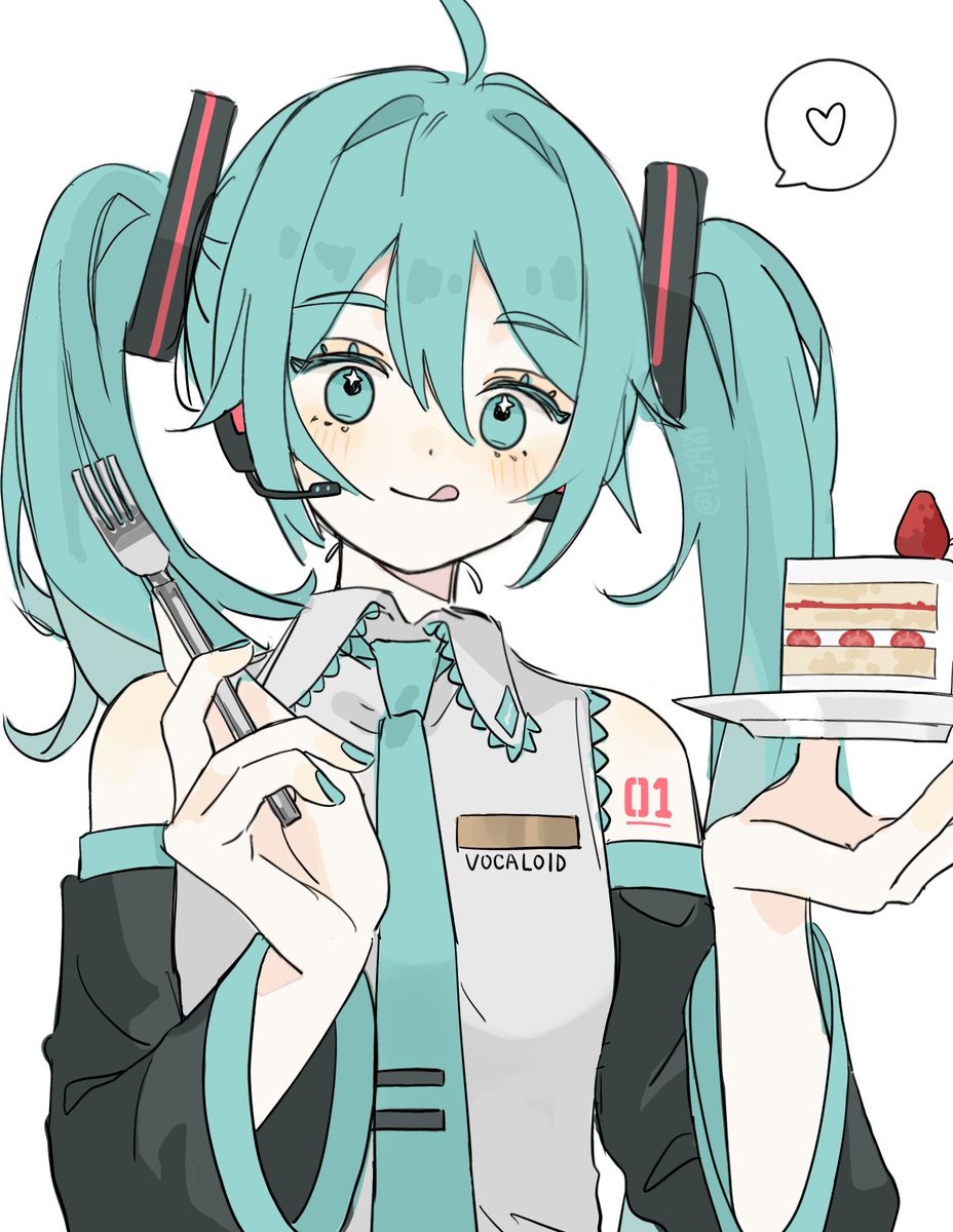 hatsune miku, vocaloid, highres, 1girl, :q, ahoge, aqua eyes, aqua hair, aqua nails, aqua necktie, bare shoulders, black sleeves, blush, cake, cake slice, collared shirt, detached sleeves, food, fork, fruit, grey shirt, hair between eyes, hands up, headset, heart, holding, holding fork, holding plate, long hair, looking at viewer, nail polish, necktie, number tattoo, plate, shirt, simple background, sleeveless, sleeveless shirt, smile, solo, spoken heart, strawberry, strawberry shortcake, tattoo, tongue, tongue out, twintails, upper body, white background, yamamachi anne