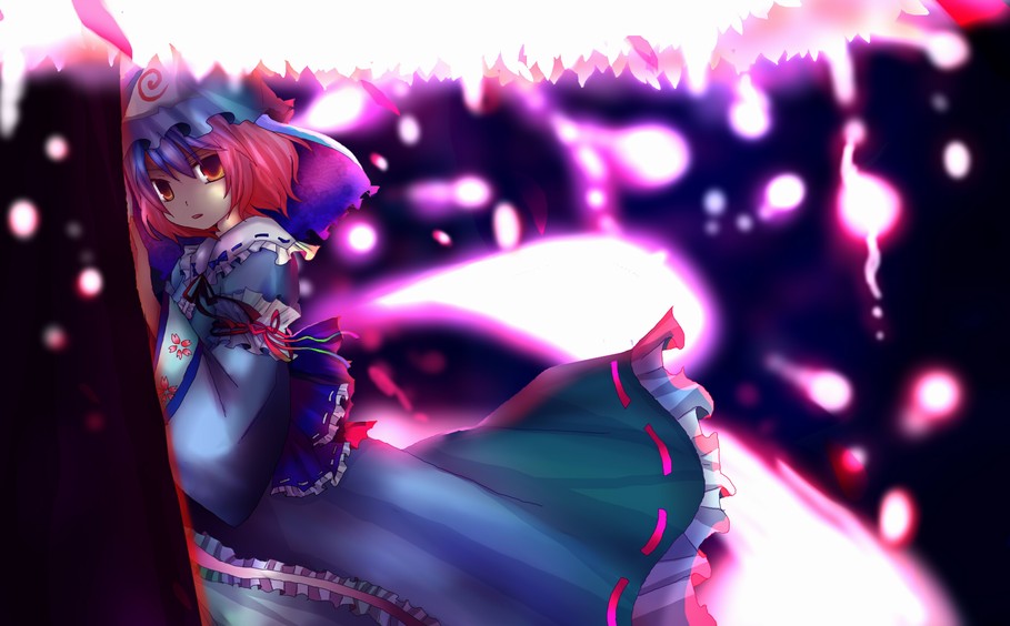 kazu (artist), kazu (muchuukai), saigyouji yuyuko, touhou, 1girl, female focus, ghost, glowing, hat, outdoors, solo, standing, tree