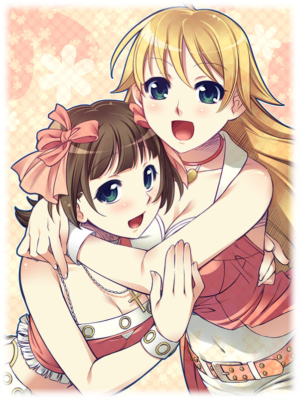 redrop, amami haruka, hoshii miki, idolmaster, idolmaster (classic), idolmaster 1, 00s, 2girls, :d, bare shoulders, blue eyes, blush, bracelet, breasts, brown hair, cleavage, collarbone, cool & sexy (idolmaster), covered navel, crop top, frills, gem, hug, jewelry, large breasts, looking at viewer, multiple girls, necklace, open mouth, pendant, short hair, skin tight, smile, tareme, upper body, vest, wrist cuffs