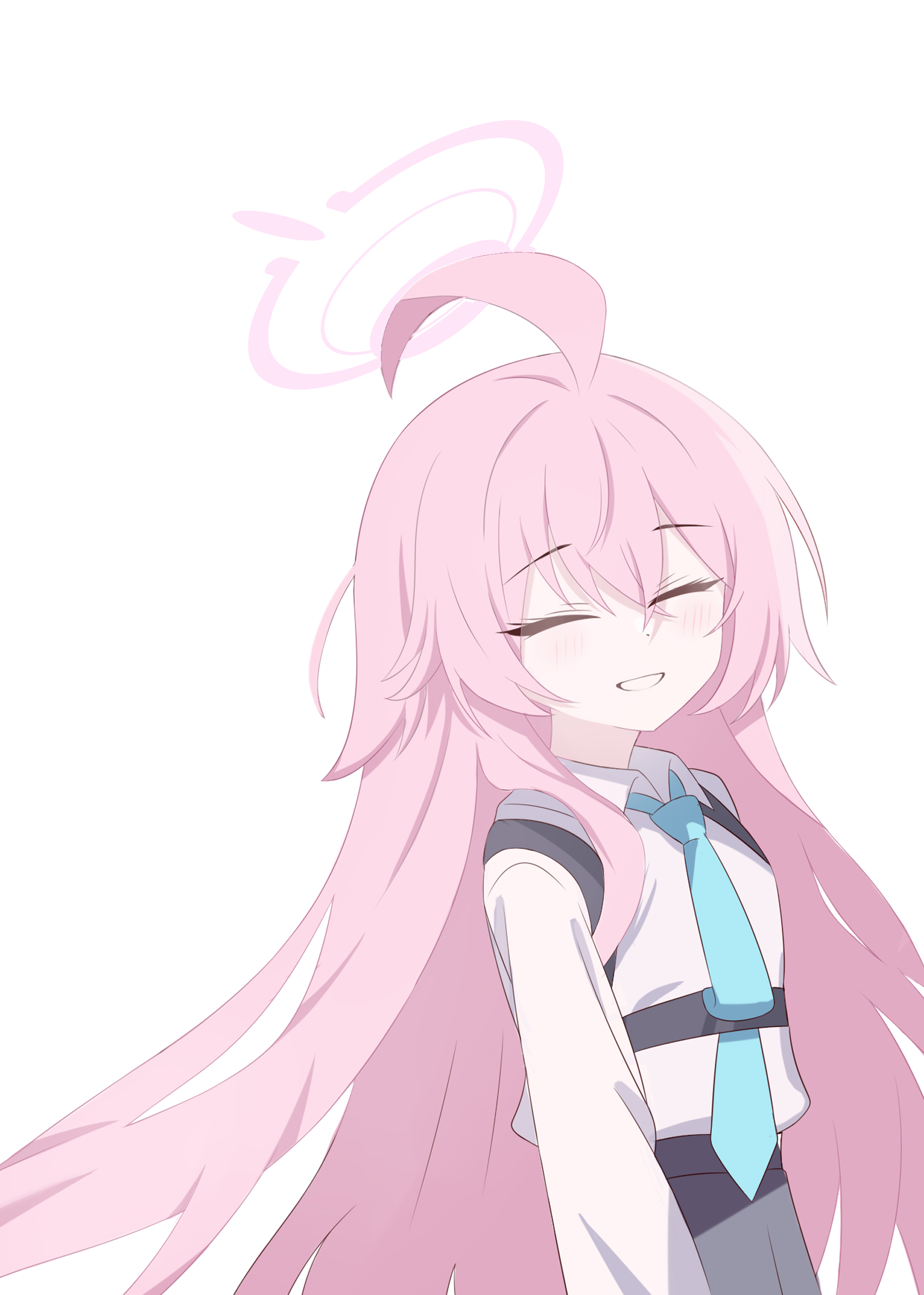 hoshino (blue archive), blue archive, highres, 1girl, ahoge, blue necktie, blush, closed eyes, halo, heterochromia, long hair, necktie, open mouth, pink hair, pink halo, shirt, smile, solo, user amkn3884, white background, white shirt