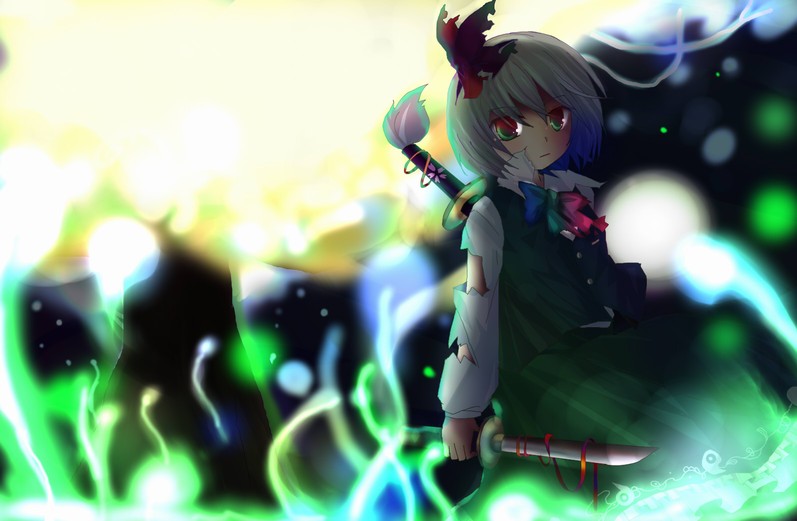 kazu (artist), kazu (muchuukai), konpaku youmu, konpaku youmu (ghost), touhou, 1girl, female focus, glowing, hitodama, holding, holding sword, holding weapon, outdoors, solo, standing, sword, torn clothes, weapon