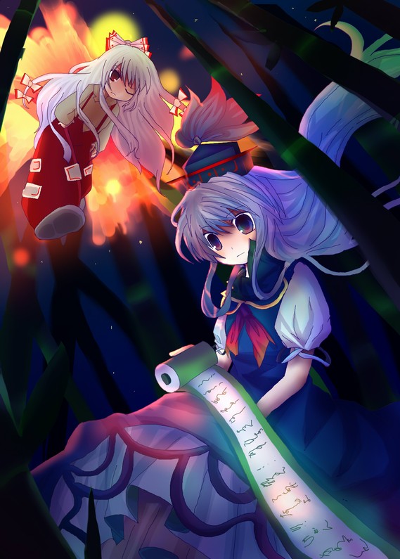 kazu (artist), kazu (muchuukai), fujiwara no mokou, kamishirasawa keine, touhou, silver hair, 2girls, bamboo, blue dress, dress, female focus, full body, hat, horns, long sleeves, looking at viewer, multiple girls, ofuda, outdoors, pants, puffy short sleeves, puffy sleeves, red eyes, scroll, shaded face, short sleeves, standing, tate eboshi, text focus