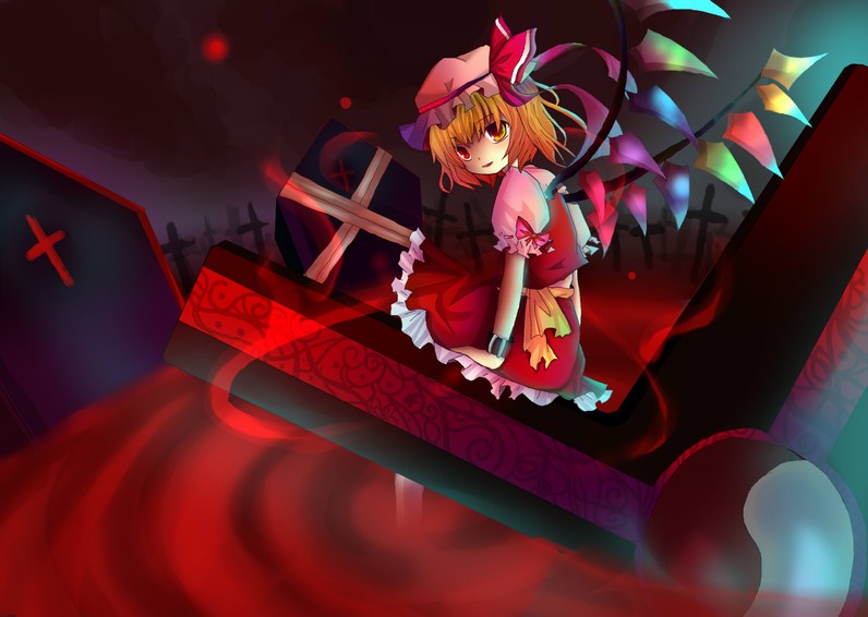 kazu (artist), kazu (muchuukai), flandre scarlet, touhou, 1girl, blonde hair, blood, cross, crystal, demon wings, dress, female focus, frills, from behind, full body, graveyard, hat, looking at viewer, mob cap, outdoors, puffy short sleeves, puffy sleeves, red dress, red eyes, shaded face, short sleeves, side ponytail, solo, tombstone, vampire, wings
