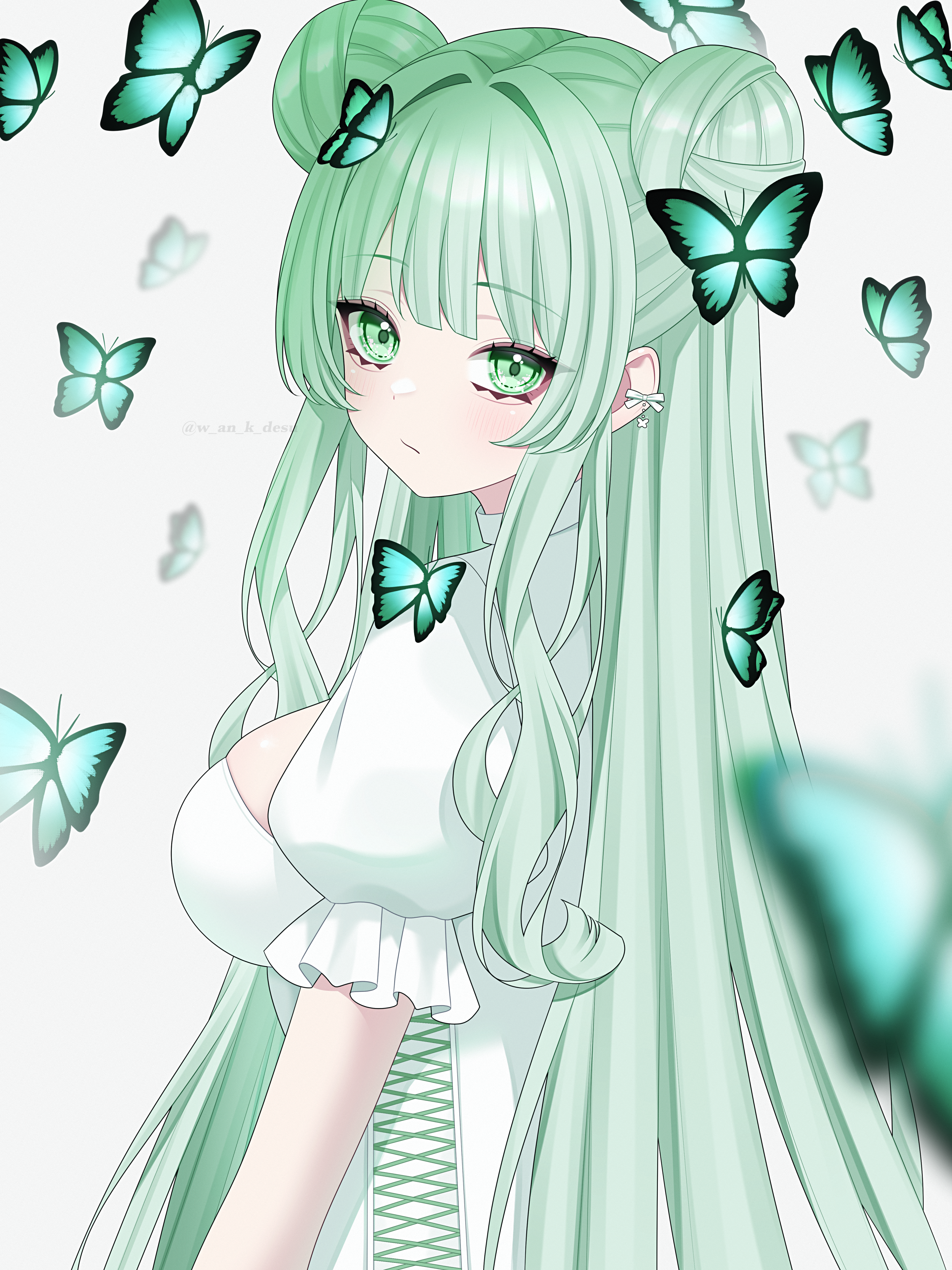 wanko (yurika0320), original, absurdres, commentary, highres, symbol-only commentary, 1girl, artist name, blush, breasts, bug, butterfly, closed mouth, dress, eyelashes, frilled sleeves, frills, from side, green butterfly, green hair, grey background, hair bun, insect, large breasts, long hair, long sidelocks, looking at viewer, puffy short sleeves, puffy sleeves, short sleeves, sidelocks, simple background, solo, thighhighs, white dress