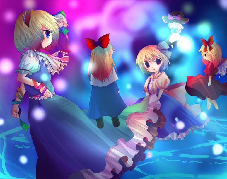 kazu (artist), kazu (muchuukai), alice margatroid, alice margatroid (pc-98), kirisame marisa, shanghai doll, mystic square, touhou, touhou (pc-98), 2girls, aged down, blonde hair, child, colorful, doll, dual persona, female focus, glowing, multiple girls, sitting, standing, time paradox