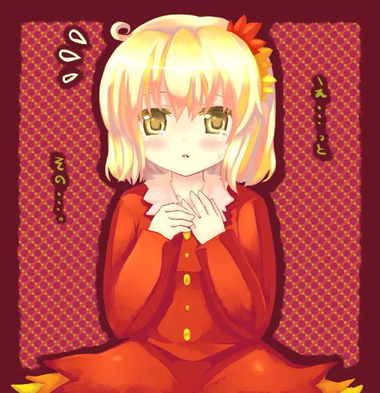 23, 23 (candy chapus), aki shizuha, touhou, 1girl, blonde hair, female focus, hair ornament, leaf hair ornament, solo