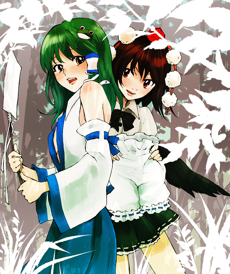 kuma (artist), kuma (crimsonvanilla), kochiya sanae, shameimaru aya, touhou, 2girls, bloomers, female focus, hat, multiple girls, underwear