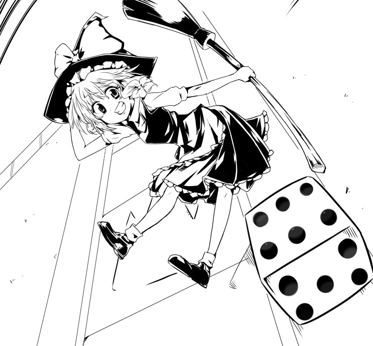 kiku hitomoji, tora tooru, toru tooru, kirisame marisa, touhou, 1girl, dice, female focus, greyscale, monochrome, solo