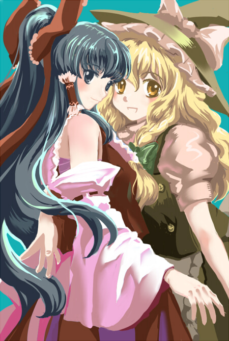 nanami sano, hakurei reimu, kirisame marisa, touhou, 2girls, bare shoulders, black dress, black hair, blonde hair, bow, braid, buttons, detached sleeves, dress, female focus, frills, hair bow, hat, long hair, looking at viewer, multiple girls, ponytail, puffy short sleeves, puffy sleeves, red bow, red dress, ribbon-trimmed sleeves, ribbon trim, short sleeves, single braid, very long hair, witch hat