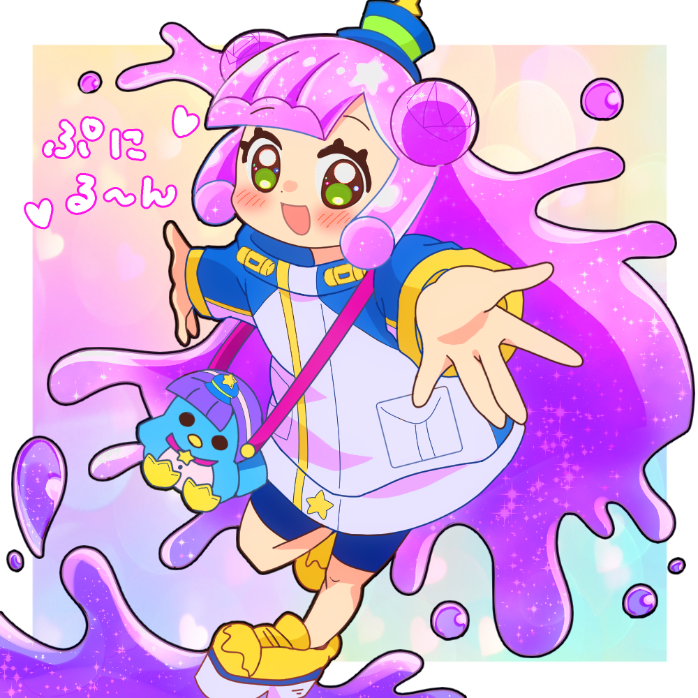 nanamin0804, puniru (puniru wa kawaii slime), puniru wa kawaii slime, 1girl, green eyes, hat, monster girl, outstretched arms, purple hair, shoes, slime girl, smile, top hat, yellow shoes