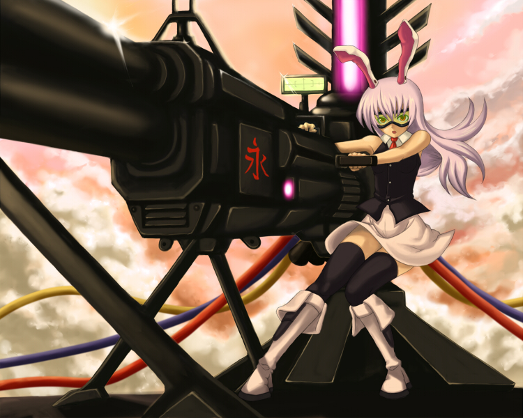 katagi ren, reisen udongein inaba, touhou, 1girl, animal ears, cloud, female focus, goggles, gun, huge weapon, outdoors, rabbit ears, sky, solo, standing, thighhighs, weapon