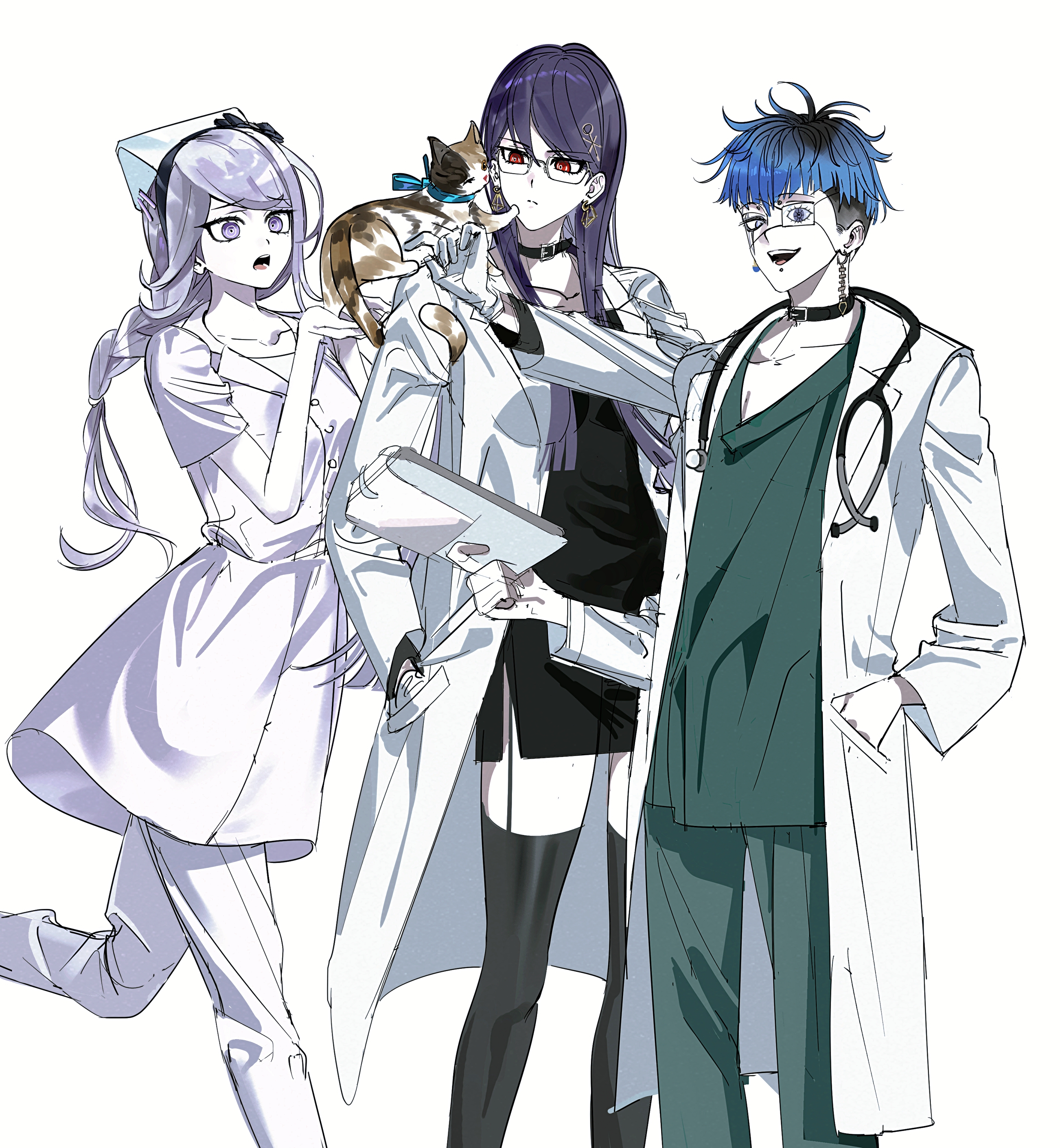 pabitelsafe3, kirifuji nozomi, omokage yugamu, shizuhara hiruko, the hundred line -last defense academy-, absurdres, chinese commentary, commentary request, highres, 1boy, 2girls, animal, animal on shoulder, black bow, black choker, black dress, black hairband, black thighhighs, blue hair, blue ribbon, bow, bow hairband, braid, cat, cat on shoulder, choker, clipboard, collarbone, doctor, dress, earrings, eyepatch, face piercing, feet out of frame, glasses, grey eyes, grey hair, grin, hair ornament, hairband, hairpin, hand in pocket, hand up, hat, holding, holding animal, holding cat, holding clipboard, jewelry, lab coat, labret piercing, long hair, looking at animal, looking at viewer, medical scrubs, multicolored hair, multiple girls, nurse, nurse cap, piercing, purple eyes, purple hair, red eyes, ribbon, short hair, simple background, smile, stethoscope, stethoscope around neck, thighhighs, veterinarian, white background