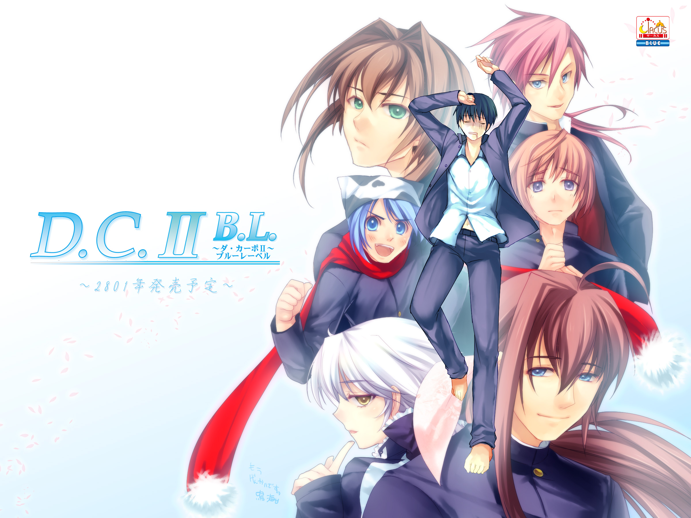 amakase minatsu, asakura otome, asakura yume, sakurai yoshiyuki, shirakawa nanaka, tsukishima koko, yukimura anzu, da capo, da capo ii, highres, 00s, 6+boys, ahoge, animal print, barefoot, black hair, blue eyes, blue hair, blush, brown hair, clenched hand, closed eyes, company name, copyright name, cow print, crescent moon, english text, full body, genderswap, genderswap (ftm), gloom (expression), green eyes, hair intakes, hat, index finger raised, long hair, long sleeves, looking at viewer, male focus, moon, multiple boys, pants, petals, pink hair, ponytail, profile, red scarf, scarf, school uniform, shirt, short hair, sleeves past wrists, smile, upper body, yellow eyes