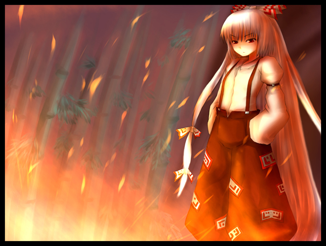 katagi ren, fujiwara no mokou, touhou, silver hair, 1girl, annoyed, bamboo, bamboo forest, bow, female focus, fire, forest, hair bow, hair ribbon, hands in pockets, leaf, long hair, nature, orange theme, pants, red eyes, ribbon, shirt, solo, suspenders, white shirt