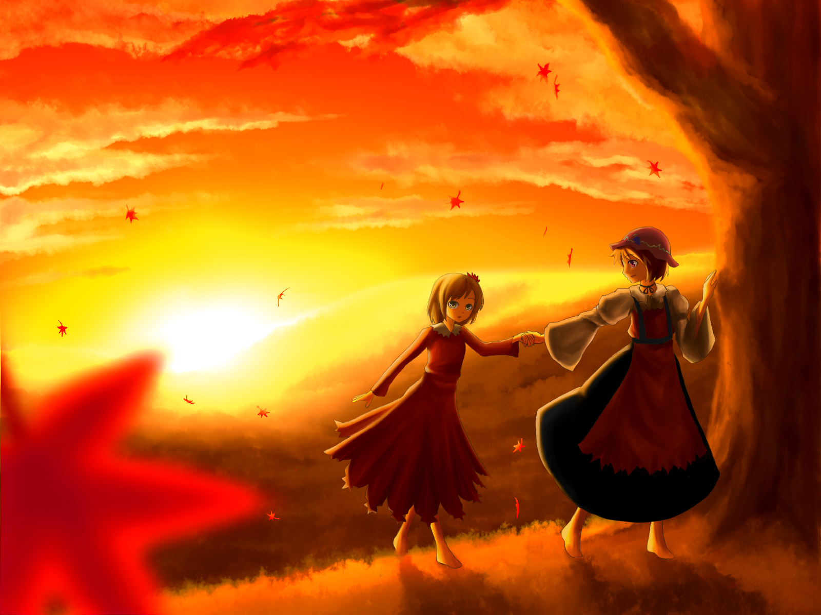 katagi ren, aki minoriko, aki shizuha, touhou, highres, 2girls, autumn, barefoot, female focus, leaf, multiple girls, siblings, sisters, sunset