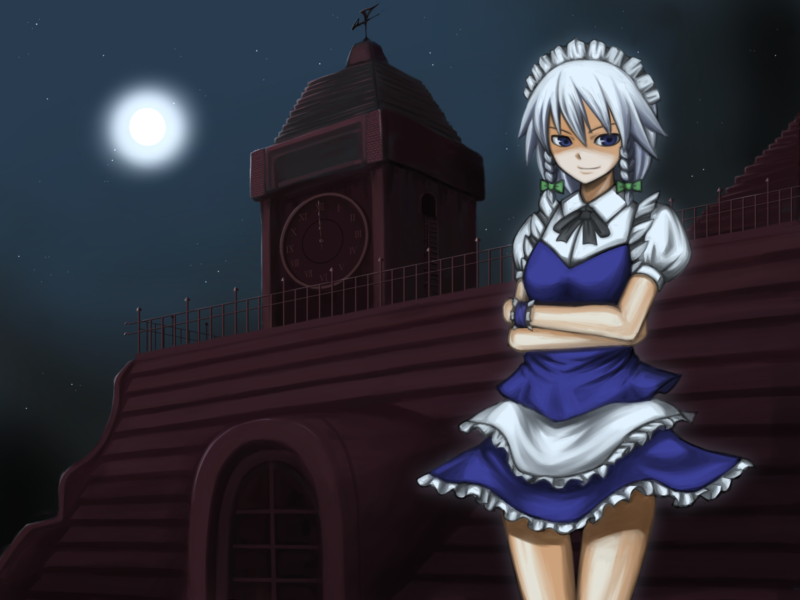 katagi ren, izayoi sakuya, touhou, silver hair, highres, 1girl, braid, female focus, moon, short hair, solo, twin braids
