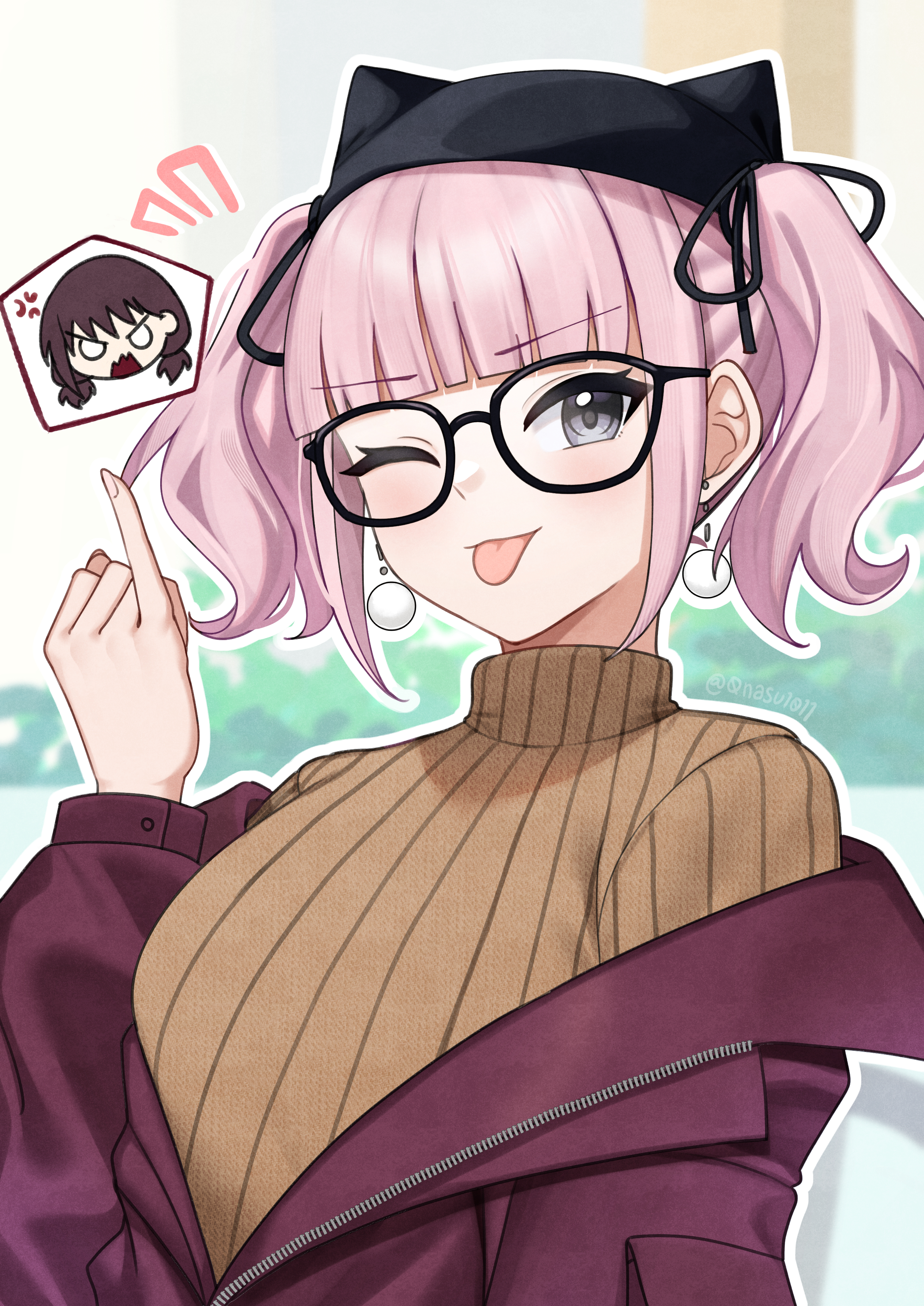 nassss, hina (girls band cry), iseri nina, girls band cry, absurdres, commentary request, highres, 2girls, ;p, animal ear headwear, black-framed eyewear, black eyes, black ribbon, blunt bangs, brown sweater, fake animal ears, glasses, hair ribbon, hand up, jacket, long hair, looking at viewer, multiple girls, one eye closed, outline, pink hair, pinky out, purple jacket, ribbed sweater, ribbon, spoken character, sweater, tongue, tongue out, turtleneck, turtleneck sweater, twintails, white outline