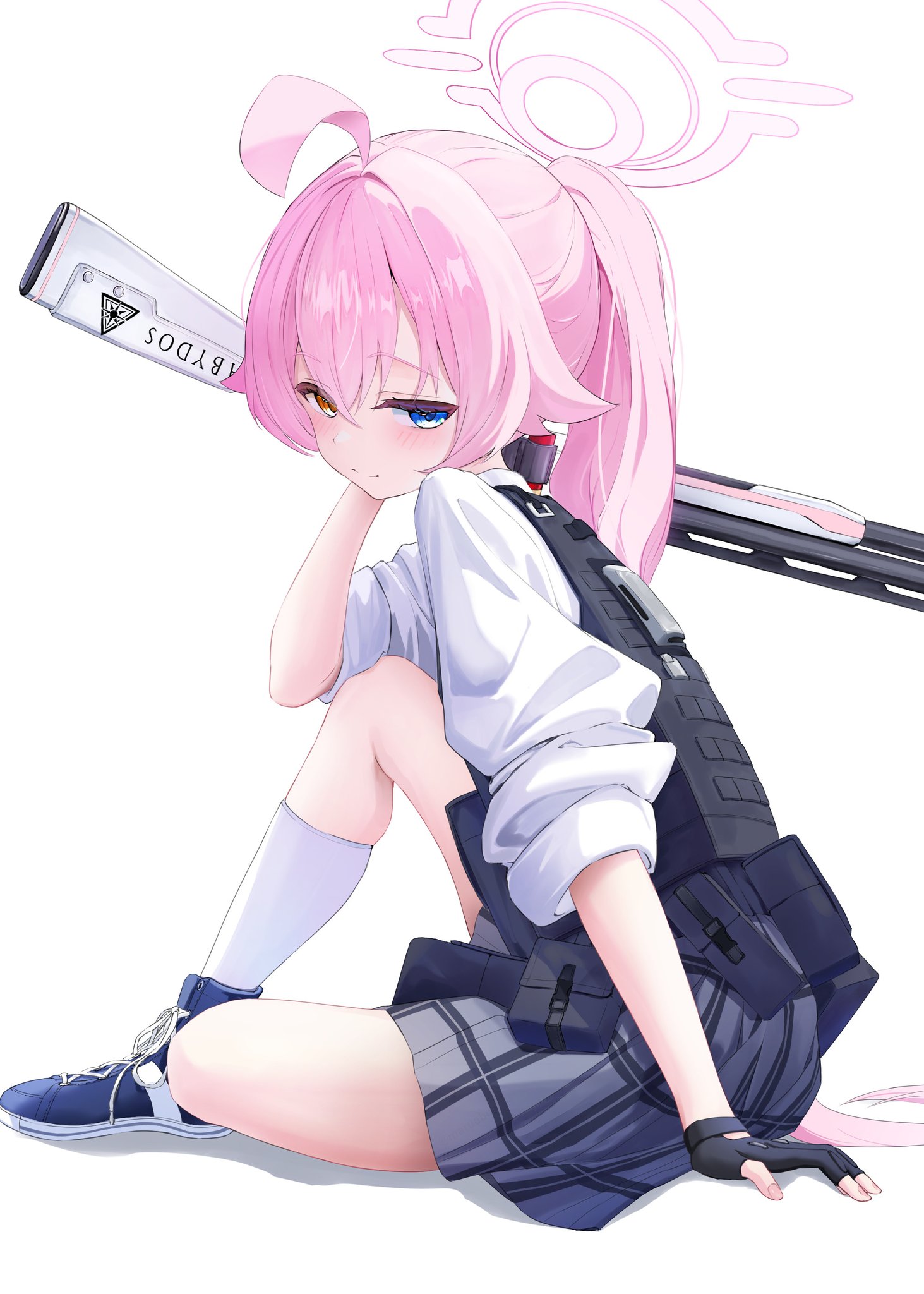 hoshino (blue archive), blue archive, highres, 1girl, ahoge, black gloves, blue eyes, bulletproof vest, fingerless gloves, gloves, gun, halo, heterochromia, huge ahoge, pink hair, pink halo, school uniform, shirt, shotgun, simple background, skirt, socks, solo, tactical school uniform, weapon, white background, white shirt, white socks