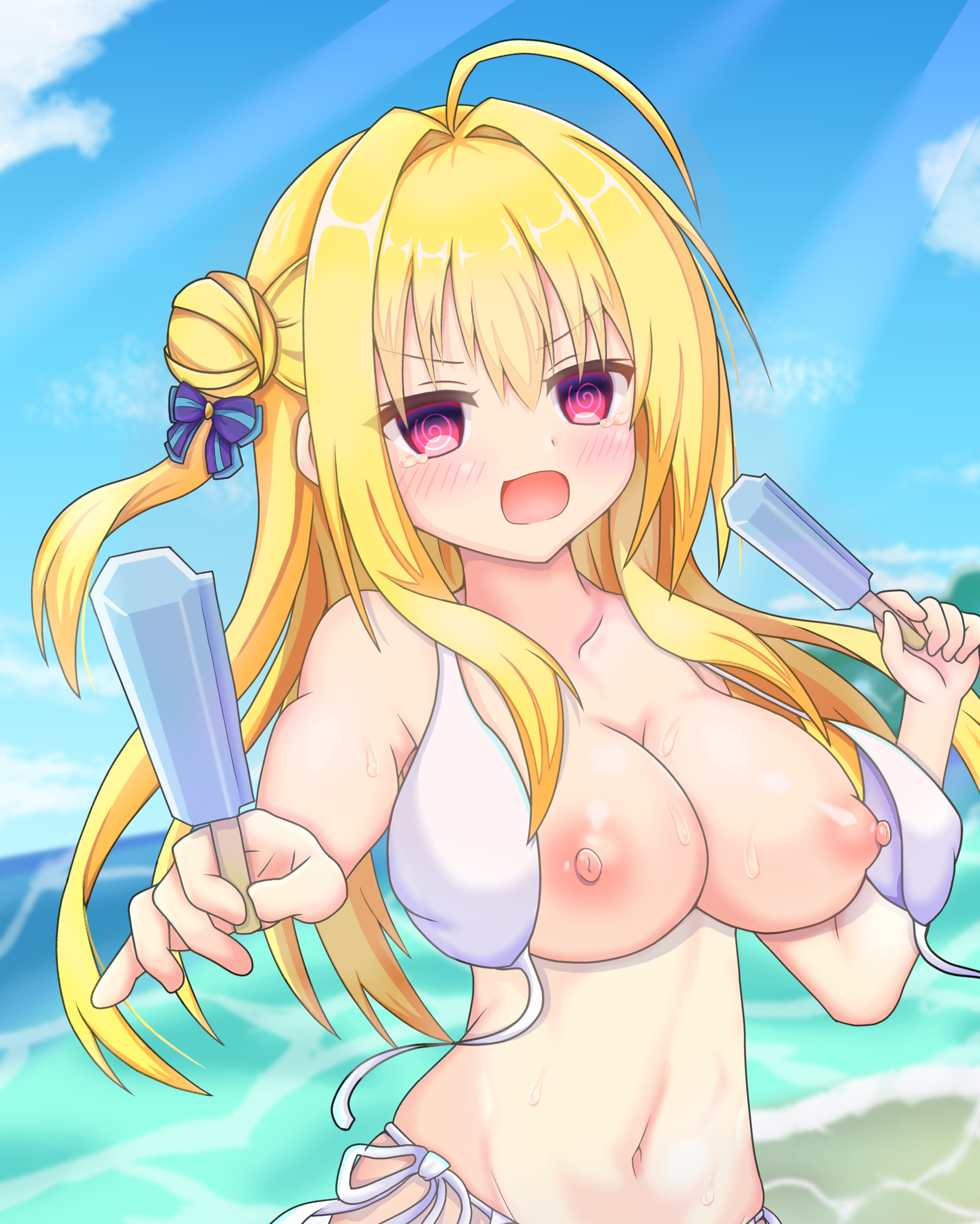izumi hiyori, hamidashi creative, commentary request, highres, 1girl, @ @, ahoge, alternate costume, bikini, blonde hair, blue bow, blue sky, blush, bow, breasts, cleavage, cloud, collarbone, day, dual wielding, embarrassed, food, front-tie bikini top, front-tie top, hair bow, hair bun, hands up, holding, holding food, holding popsicle, incoming food, large breasts, long hair, looking at viewer, nipples, ocean, one side up, open clothes, open mouth, outdoors, popsicle, red eyes, sabarusu0130, side-tie bikini bottom, sidelocks, single side bun, sky, solo, straight hair, sunlight, swimsuit, tearing up, untied bikini, untied bikini top, upper body, v-shaped eyebrows, wardrobe malfunction, wet, white bikini