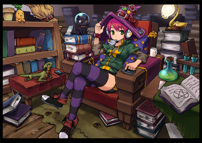 chan co, original, 1girl, armchair, black border, book, book stack, border, cat, chair, crossed legs, earphones, female focus, green eyes, hand on headwear, hat, laboratory, lamp, lizard, looking at viewer, mouth hold, pink hair, purple thighhighs, red hair, shoes, shorts, sneakers, solo, striped clothes, striped thighhighs, study, thighhighs, witch hat