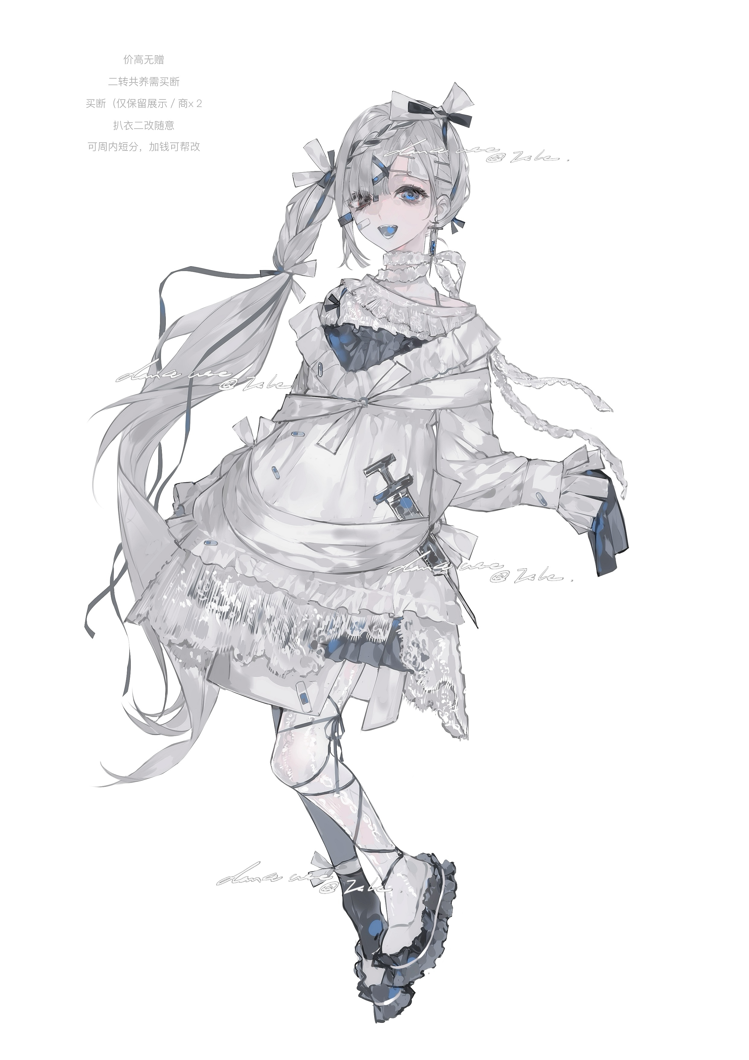 original, absurdres, highres, 1girl, :d, bandages, black bow, blue eyes, bow, colored tongue, cross, dress, earrings, frilled dress, frilled sleeves, frills, hair bow, hair ornament, hair ribbon, hairclip, heilanshuimuchu, jewelry, long hair, long sleeves, looking at viewer, open mouth, platform shoes, ponytail, ribbon, shoes, side ponytail, simple background, sleeves past fingers, sleeves past wrists, smile, standing, standing on one leg, syringe, thighhighs, tongue, white background, white bow, white dress, white hair, white thighhighs