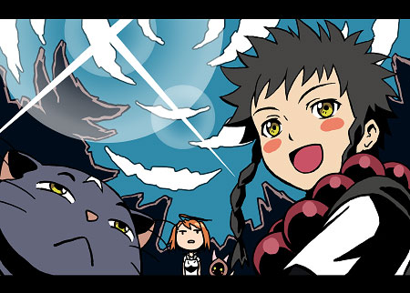 bm03, minagi mikoto, tokiha mai, my-otome, tengen toppa gurren lagann, lowres, 2girls, lens flare, letterboxed, multiple girls, parody, style parody