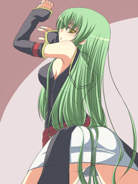 nagami yuu, c.c., code geass, 00s, 1girl, against wall, armpits, ass, breasts, detached sleeves, female focus, from behind, green hair, long hair, looking back, solo, very long hair, yellow eyes