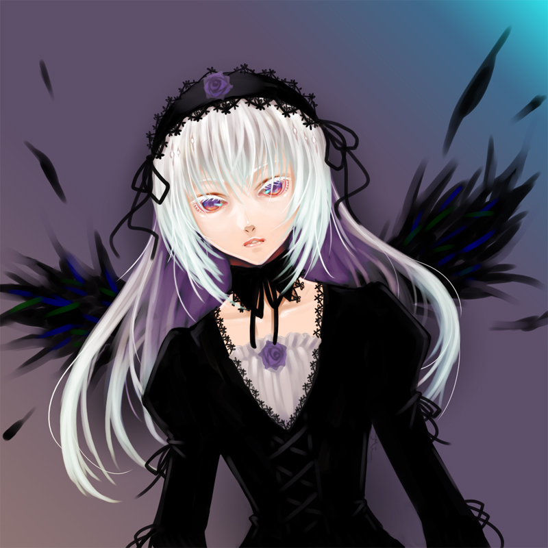 miogrobin, suigintou, rozen maiden, 00s, feathers, long hair, solo, white hair, wings