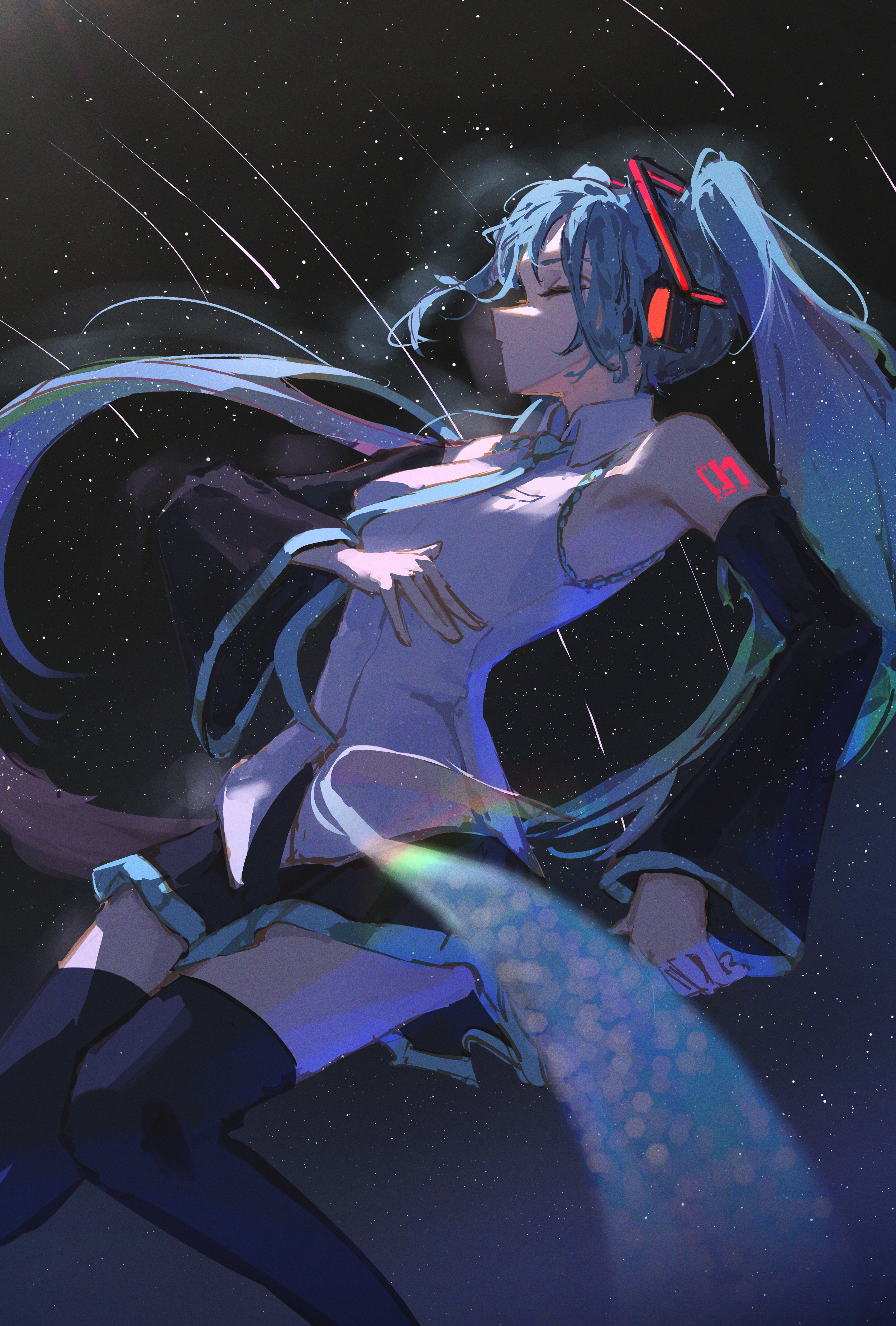 eien 001, hatsune miku, vocaloid, absurdres, commentary, highres, 1girl, black skirt, black thighhighs, blue hair, blue necktie, closed eyes, detached sleeves, long hair, necktie, shirt, skirt, sleeveless, sleeveless shirt, solo, thighhighs, white shirt