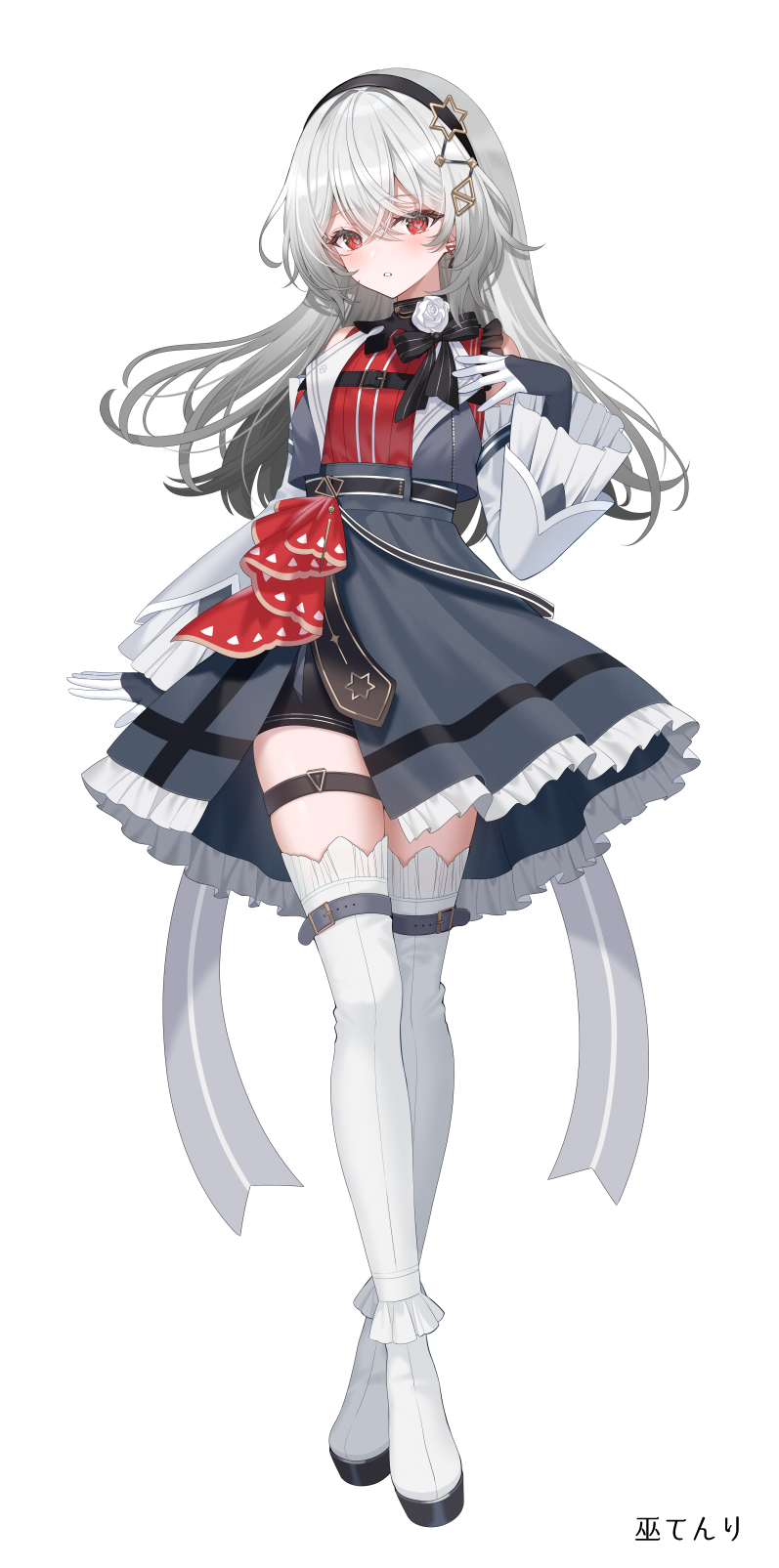 myusha, commentary request, commission, highres, official art, 1girl, black bow, black gloves, black hairband, blush, bow, crossed legs, detached sleeves, flower, frilled sleeves, frills, full body, gloves, grey hair, grey skirt, grey sleeves, grey vest, hair between eyes, hairband, hand up, high heels, hitotose tanteidan, kannagi tenri, long hair, long sleeves, official alternate costume, red eyes, red shirt, rose, shirt, shoes, simple background, skirt, sleeveless, sleeveless shirt, solo, standing, striped bow, thighhighs, very long hair, vest, virtual youtuber, watson cross, white background, white flower, white rose, white shoes, white thighhighs, wide sleeves