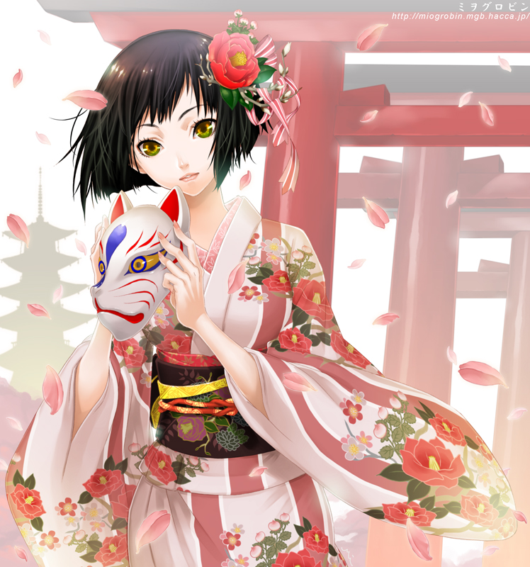miogrobin, original, 1girl, black hair, camellia, cherry blossoms, female focus, floral print, flower, fox mask, japanese clothes, kimono, mask, petals, short hair, solo, torii, yellow eyes