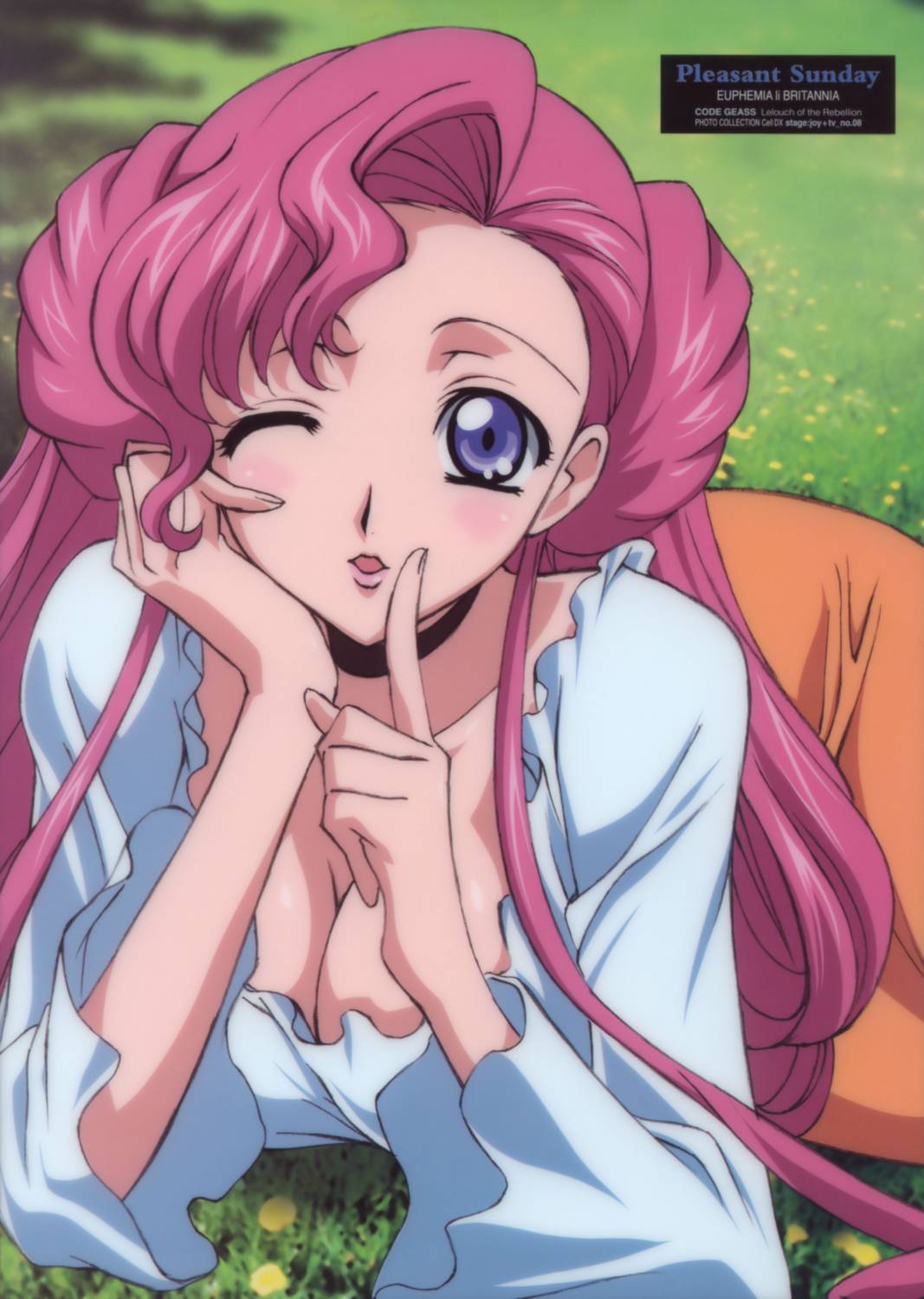 euphemia li britannia, code geass, highres, scan, 00s, blush, donut hair bun, hair bun, one eye closed, solo, wink