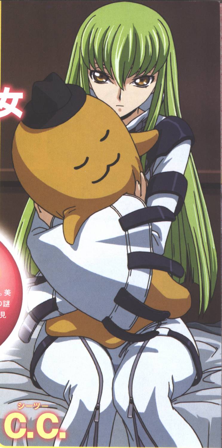 c.c., cheese-kun, code geass, pizza hut, highres, scan, 00s, 1girl, bed, bed sheet, character name, creature, dress, female focus, green hair, hug, legs together, long hair, long sleeves, looking at viewer, on bed, robe, sitting, solo, very long hair, white dress, yellow eyes