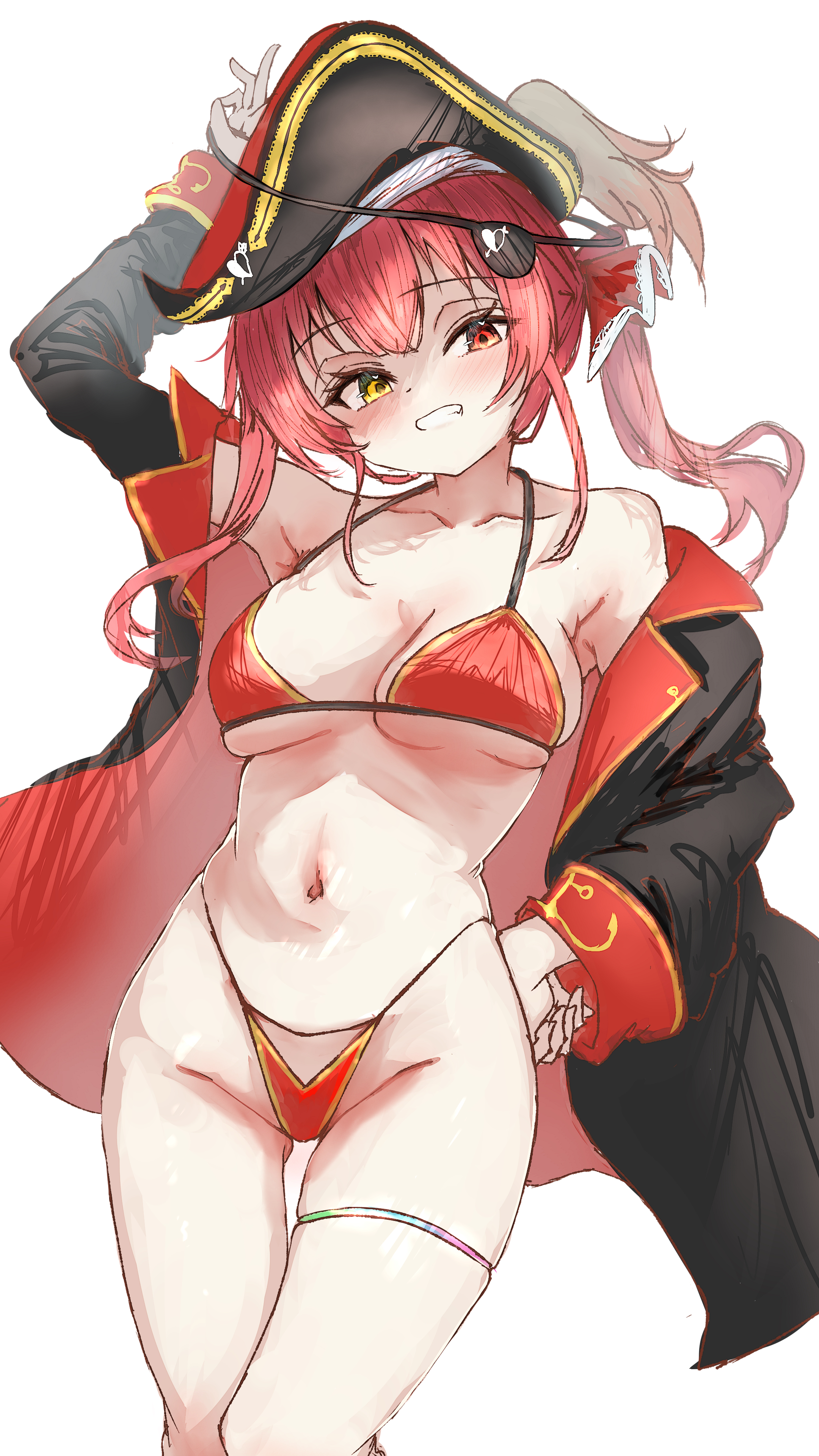 tazrn1, houshou marine, houshou marine (1st costume), hololive, absurdres, highres, 1girl, bikini, black hat, black jacket, closed mouth, eyepatch, gloves, hand on own hip, hat, heterochromia, jacket, looking at viewer, pirate hat, red bikini, red eyes, red jacket, smile, solo, swimsuit, thigh strap, two-sided fabric, two-sided jacket, virtual youtuber, white background, white gloves, yellow eyes