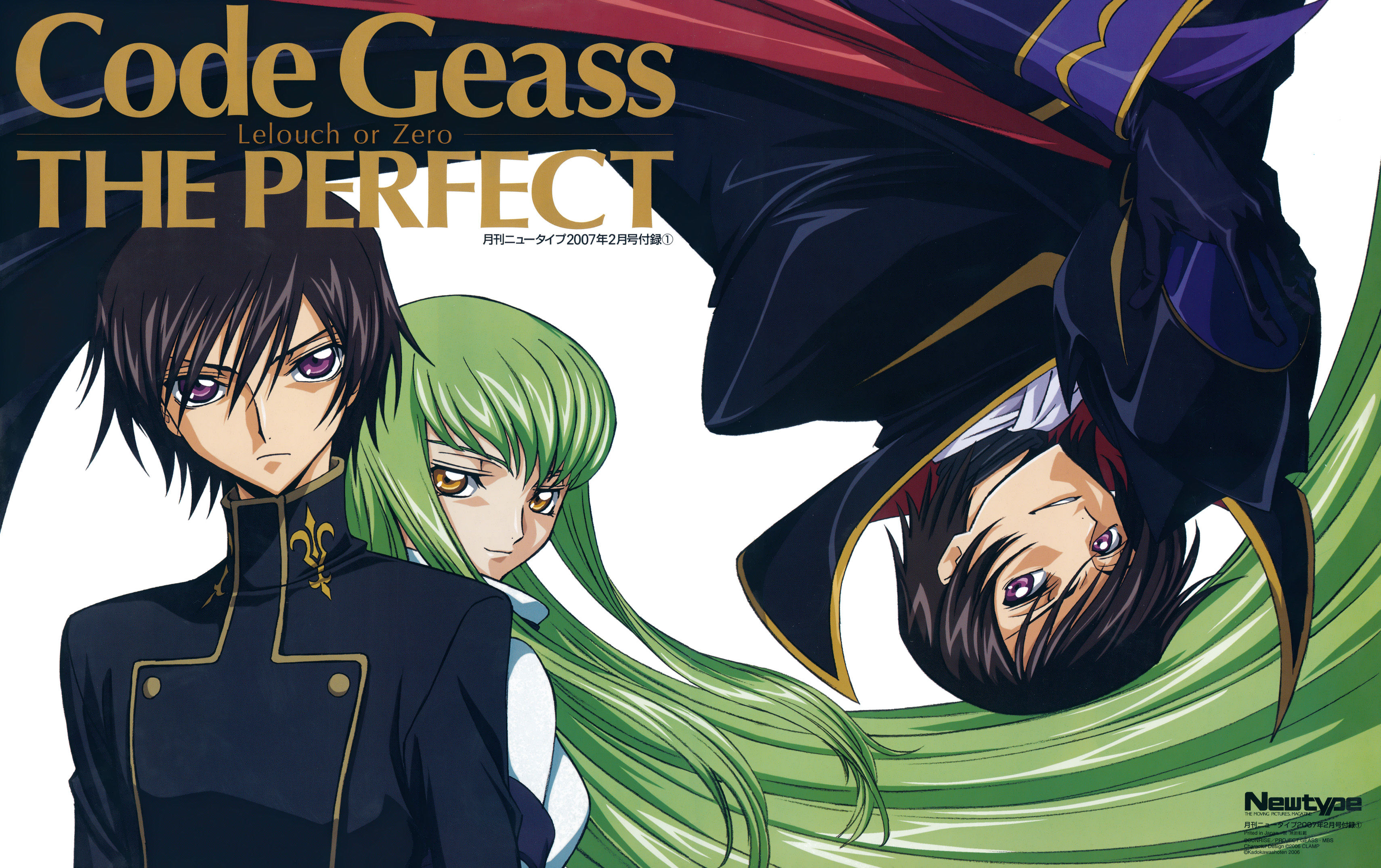 c.c., lelouch vi britannia, code geass, newtype, absurdres, highres, scan, 00s, cape, school uniform, serafuku