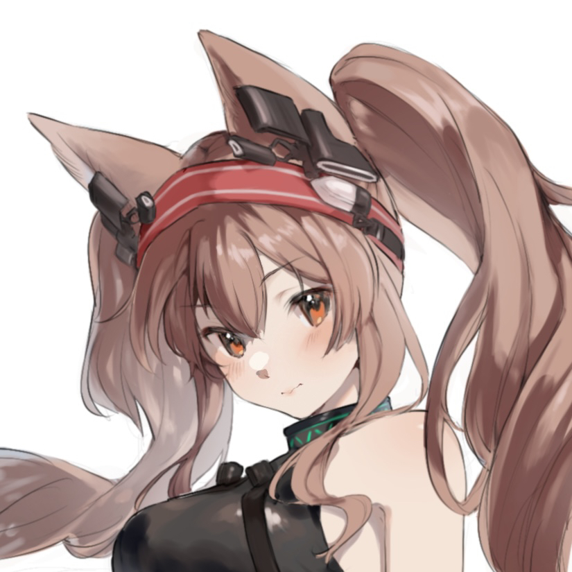 yuuuniao, angelina (arknights), angelina (distinguished visitor) (arknights), infection monitor (arknights), arknights, commentary, 1girl, animal ears, bare shoulders, black collar, black leotard, blush, breasts, brown hair, closed mouth, collar, dot nose, earpiece, fox ears, fox girl, from side, hairband, headgear, large breasts, leotard, long hair, looking at viewer, official alternate costume, orange eyes, red hairband, simple background, solo, striped clothes, striped hairband, twintails, two-tone hairband, upper body, white background