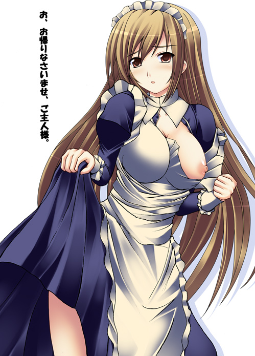 kuronezumi, minami haruka, minami-ke, 00s, 1girl, breast slip, breasts, cleavage, female focus, long hair, maid, nipples, one breast out, solo