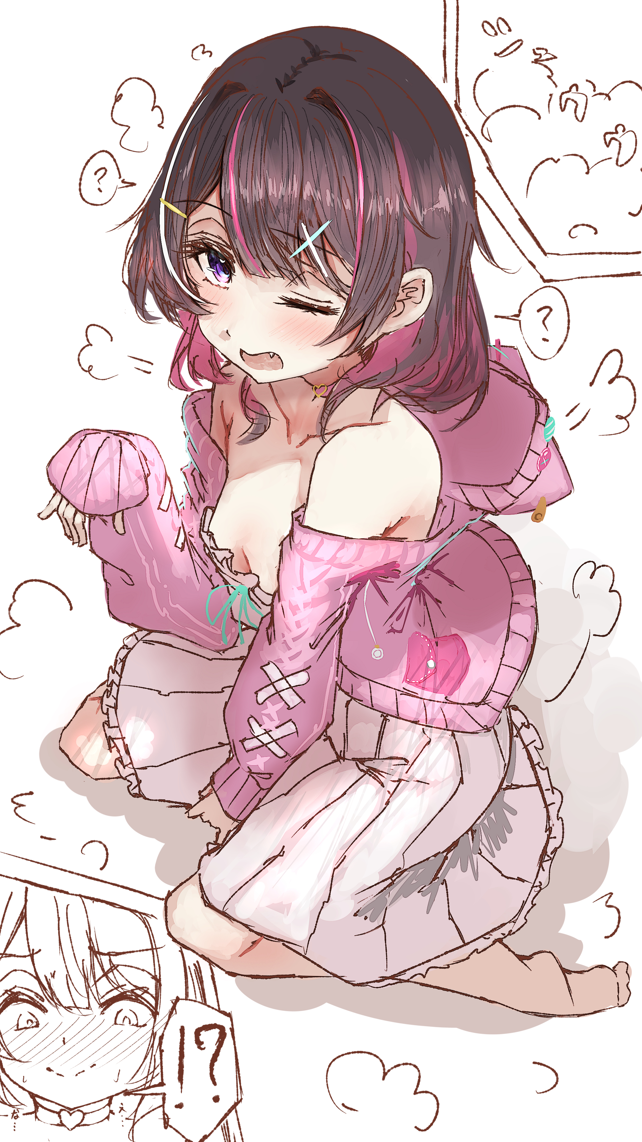 tazrn1, azki (hololive), azki (yurufuwa casual) (hololive), hololive, absurdres, highres, !?, 1girl, ?, barefoot, black hair, blush, breasts, hair ornament, hood, hoodie, looking at viewer, medium breasts, multicolored hair, official alternate costume, one eye closed, open mouth, pink hair, pink hoodie, purple eyes, short hair, skirt, solo, spoken question mark, streaked hair, virtual youtuber, white hair, white skirt, x hair ornament