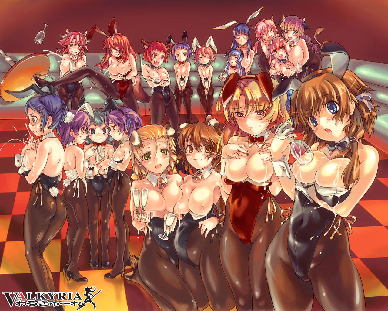 wazakita, aizawa haruna, amamiya yurine, amatsuga miruku, asahina rumi, asakura ayumi, azakura mashiro, haruse ayaka, hinatsuki sakura, hoshino momoka, ikawa yuri, matsunaga youko, mizuhara chisa, mizuhara haruka, mochizuki sayoka, saegami orihime, saki karin, saki raimu, sakurai usagi, rape! rape! rape!, valkyria (studio), black footwear, brown legwear, official art, official wallpaper, 6+girls, :d, animal ears, ass, back-seamed legwear, bare shoulders, bell, bent over, black bow, black bowtie, black leotard, blonde hair, blue eyes, blue hair, blue ribbon, blush, bow, bowtie, braid, breast milk in container, breast press, breast suppress, breasts, breasts out, breasts squeezed together, brown hair, cat ears, cat girl, cat tail, champagne flute, checkered floor, clenched teeth, closed eyes, closed mouth, copyright name, couch, covered navel, cow ears, cow girl, crossed arms, cup, detached collar, drinking glass, everyone, eye contact, fake animal ears, fang, female focus, flat chest, floor, fox ears, glasses, grabbing another's breast, green eyes, green hair, groping, hair ornament, hair ribbon, hairclip, high heels, highleg, highleg leotard, holding, holding cup, horns, indoors, kicking, kittysuit, lactation, large breasts, legs, leotard, long hair, looking at another, looking at viewer, medium breasts, milk, multiple girls, neck bell, nipples, nontraditional playboy bunny, open mouth, orange eyes, pantyhose, playboy bunny, pregnant, purple hair, rabbit ears, rabbit tail, red bow, red bowtie, red hair, red leotard, ribbon, seamed legwear, shiny clothes, shoes, side-tie leotard, sitting, smile, standing, sweat, table, tail, teeth, topfreedom, topless female, twin braids, twintails, wine glass, wrist cuffs, yellow eyes