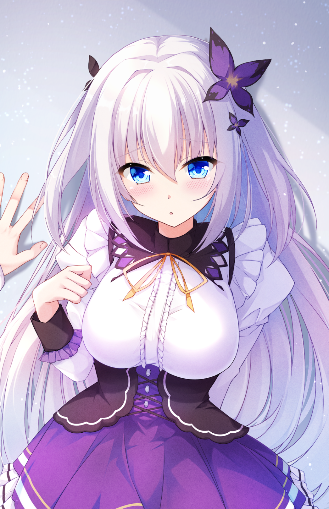 fuuna, flip flop ~innocence overclock~, commentary request, highres, 1girl, 1other, :o, blue eyes, blush, breasts, butterfly hair ornament, hair between eyes, hair ornament, hand up, juliet sleeves, kabedon, large breasts, long hair, long sleeves, neck ribbon, parted lips, pleated skirt, puffy sleeves, purple skirt, ribbon, shirt, skirt, solo focus, tsukigaoka ran, very long hair, white hair, white shirt, yellow ribbon